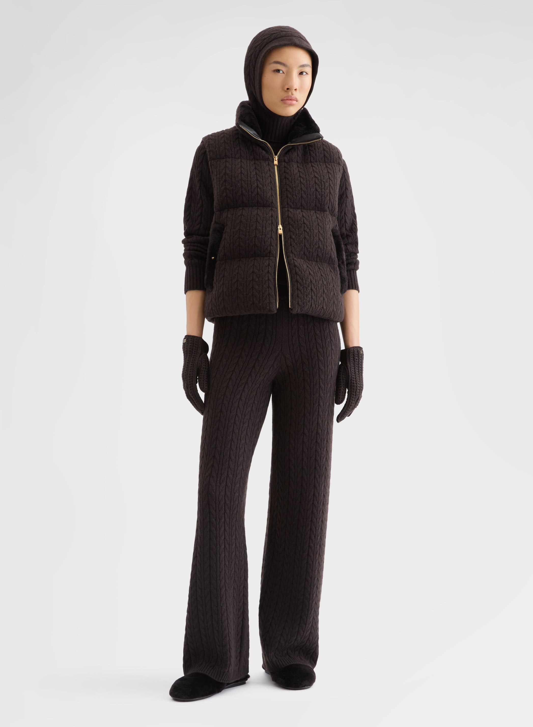 CASHMERE ICONIC CABLE HIGH WAISTED STRAIGHT PANTS EBONY