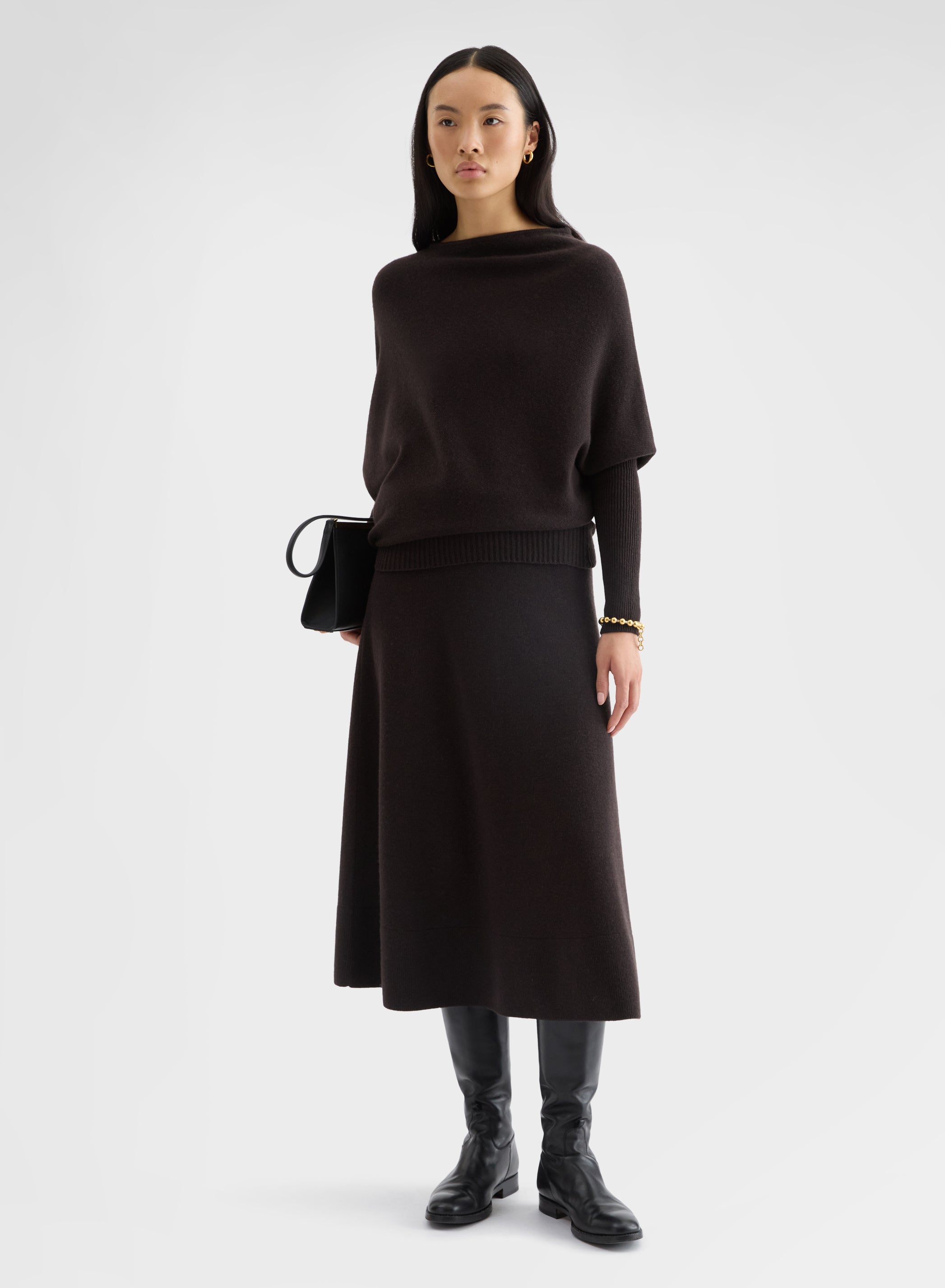CASHMERE PLAIN KNIT HIGH WAISTED MIDI SKIRT EBONY