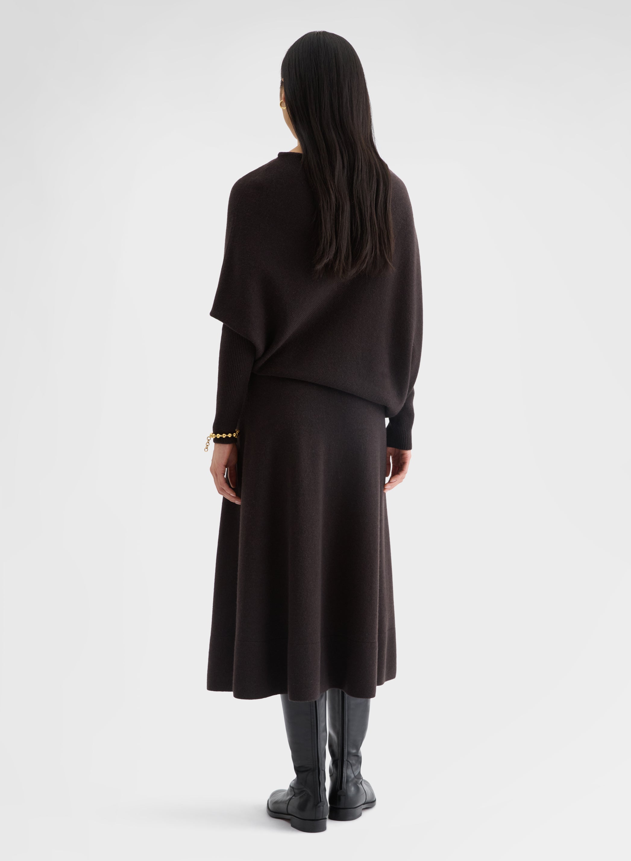 CASHMERE PLAIN KNIT HIGH WAISTED MIDI SKIRT EBONY