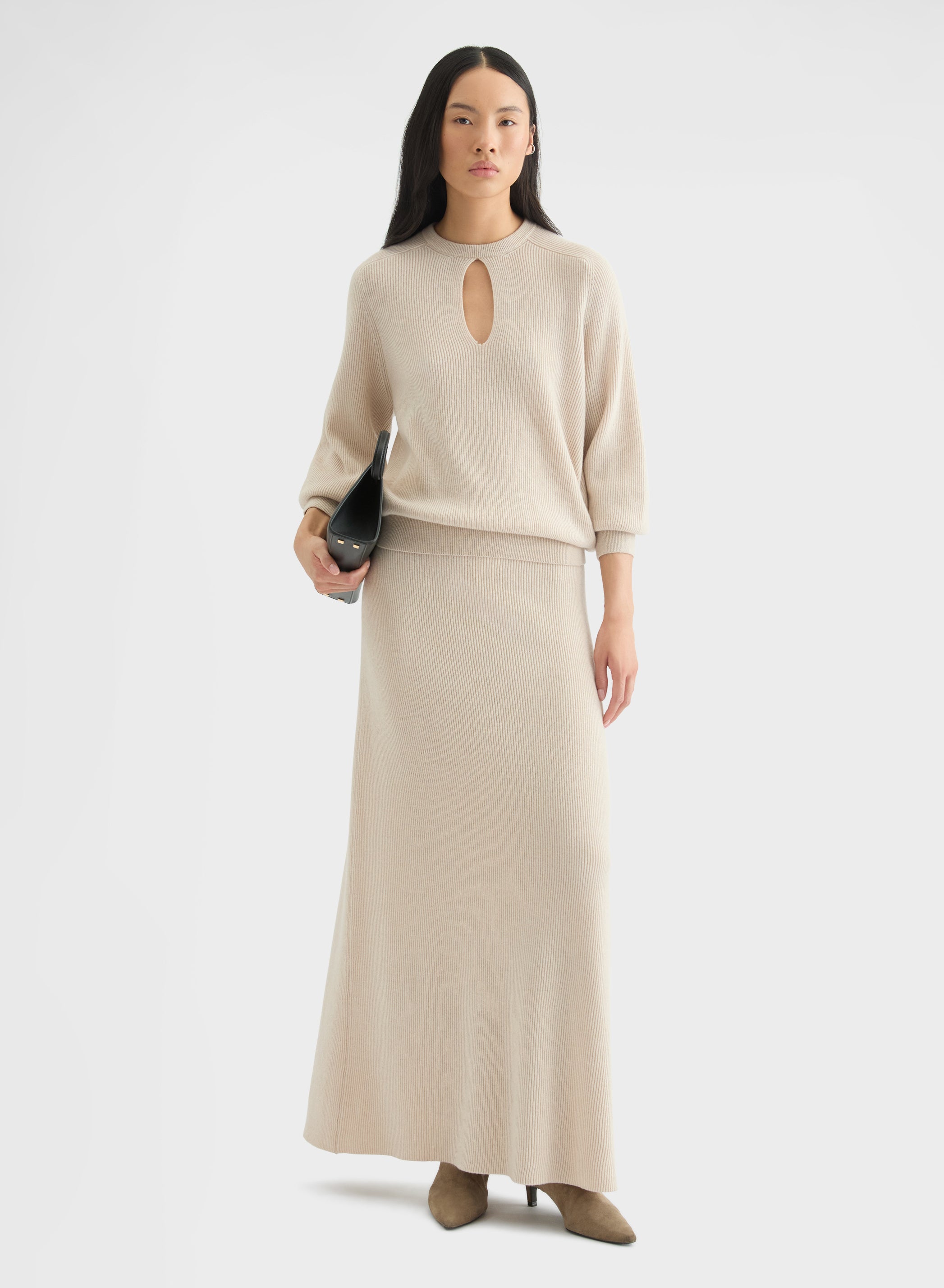 CASHMERE ENGLISH RIB HIGH WAISTED MIDI SKIRT GREIGE