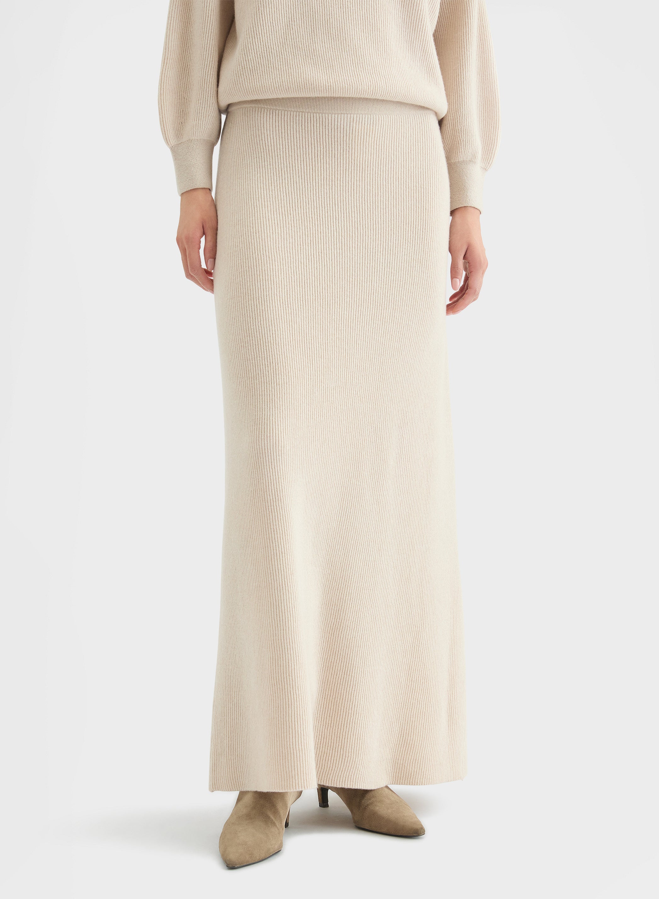 CASHMERE ENGLISH RIB HIGH WAISTED MIDI SKIRT GREIGE