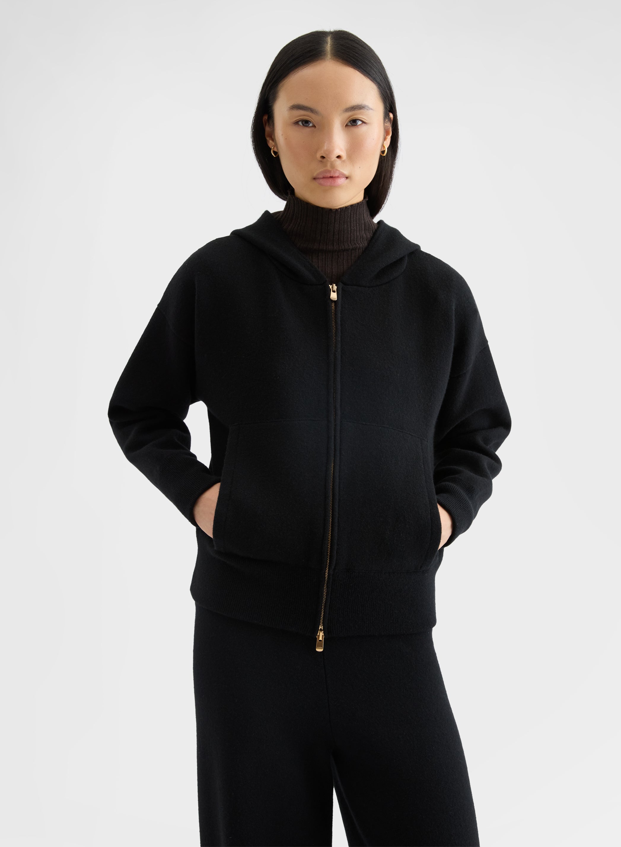 CASHMERE WOOL SILK ZIP-THROUGH HOODIE BLACK