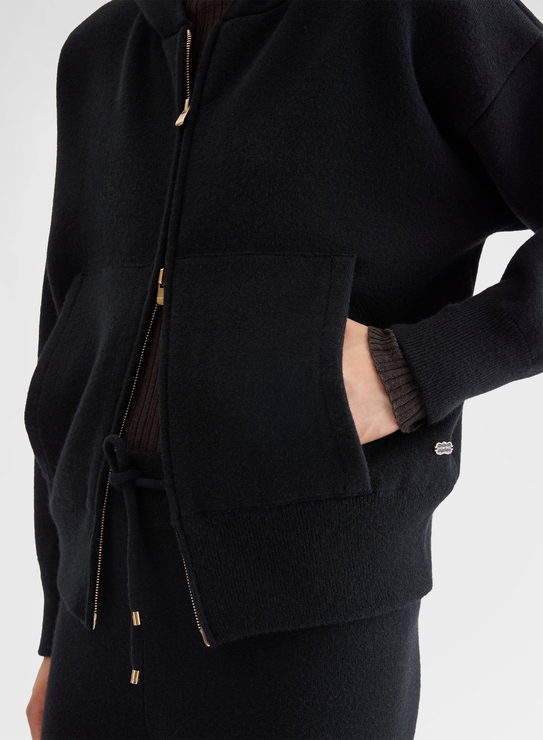 CASHMERE WOOL SILK ZIP-THROUGH HOODIE BLACK