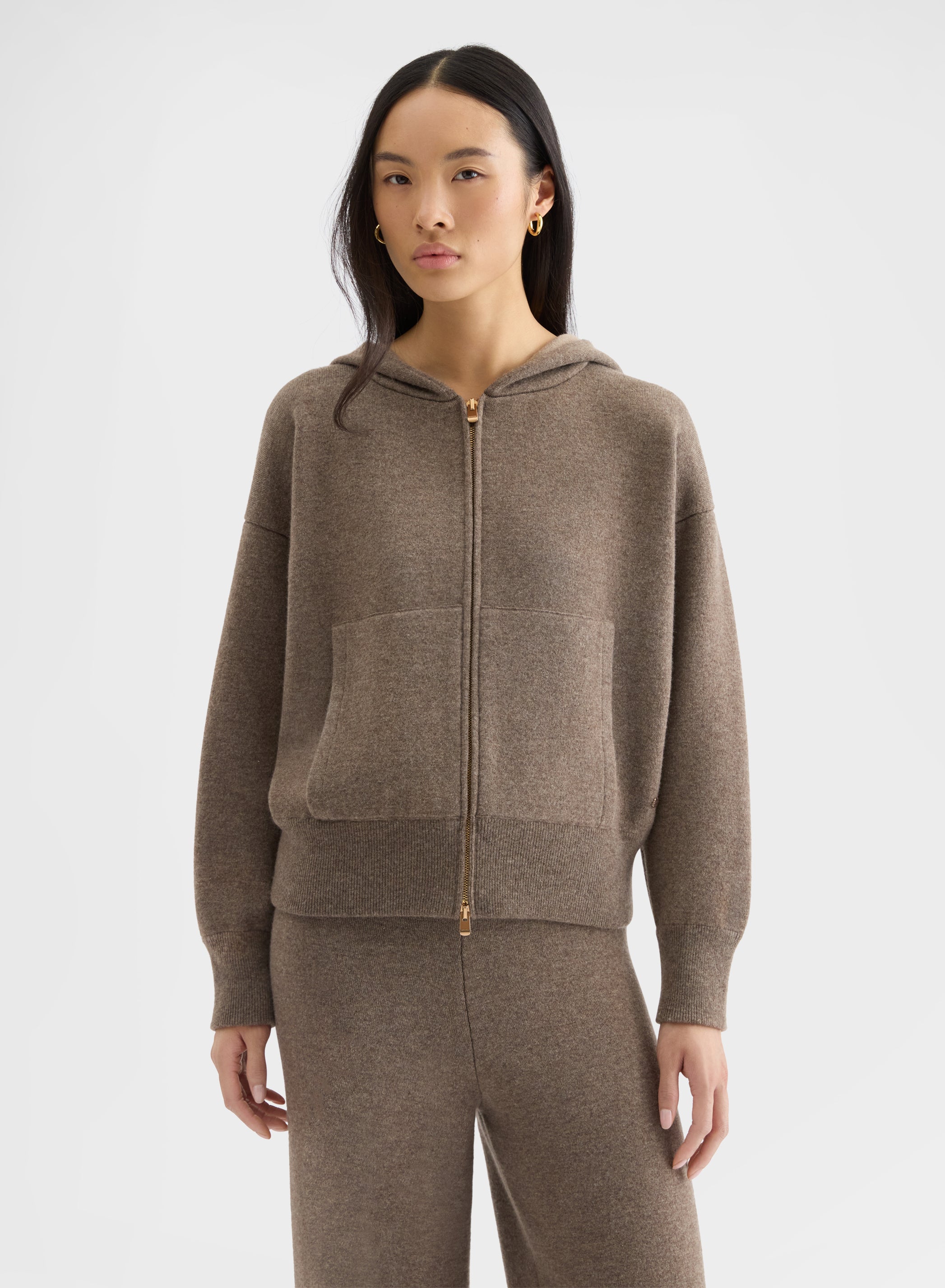 CASHMERE WOOL SILK ZIP-THROUGH HOODIE MOCHA