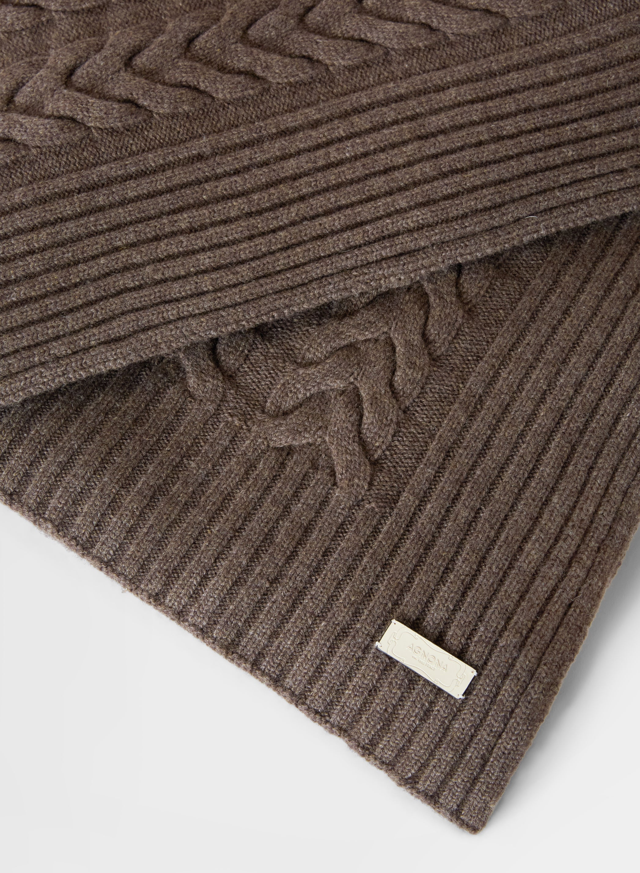 CASHMERE CABLE PLAID MOCHA