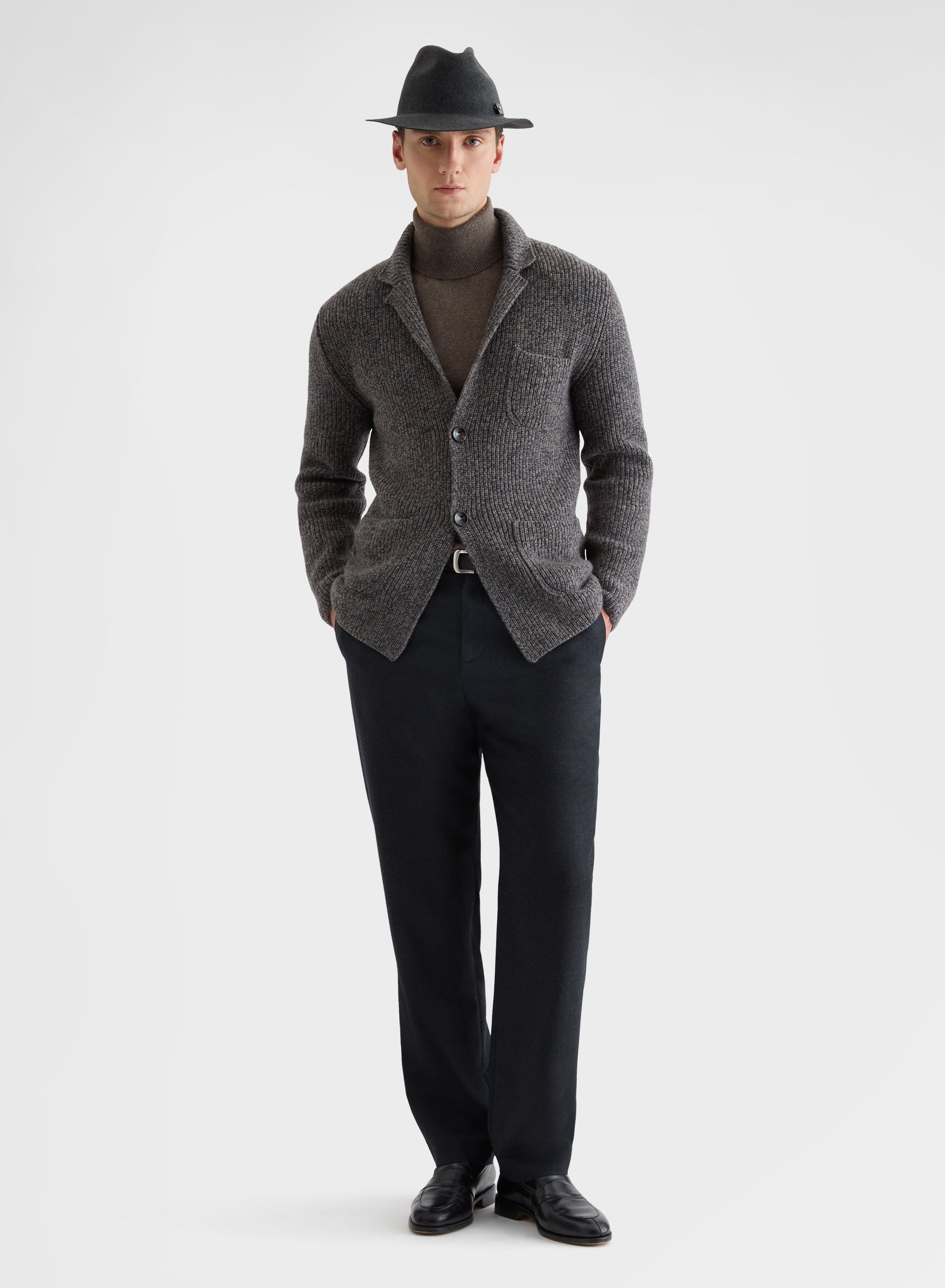 WOOL CASHMERE PEARL STITCH CARDIGAN JACKET CHARCOAL