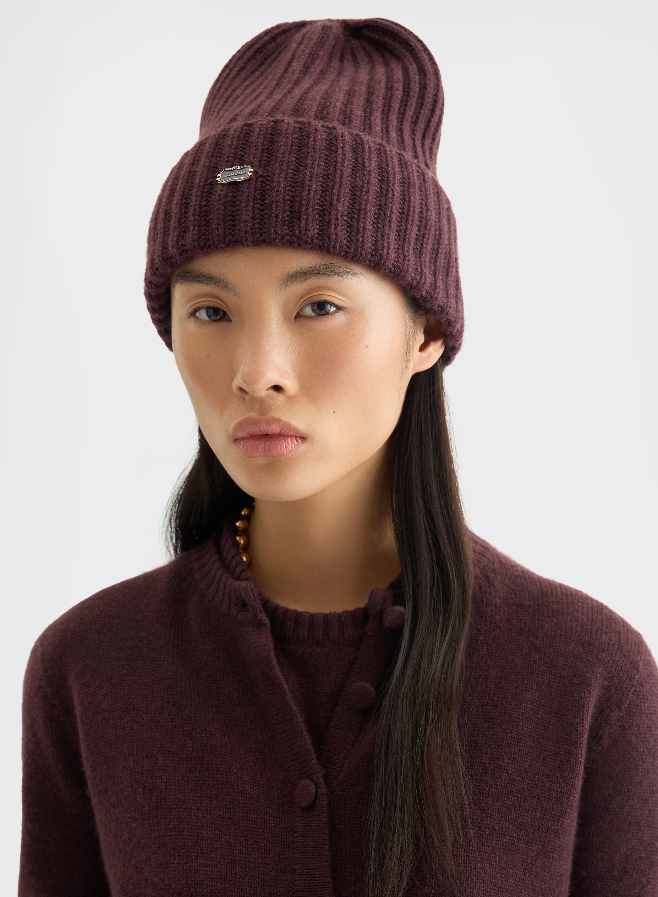 CASHMERE ENGLISH RIB BEANIE BURGUNDY