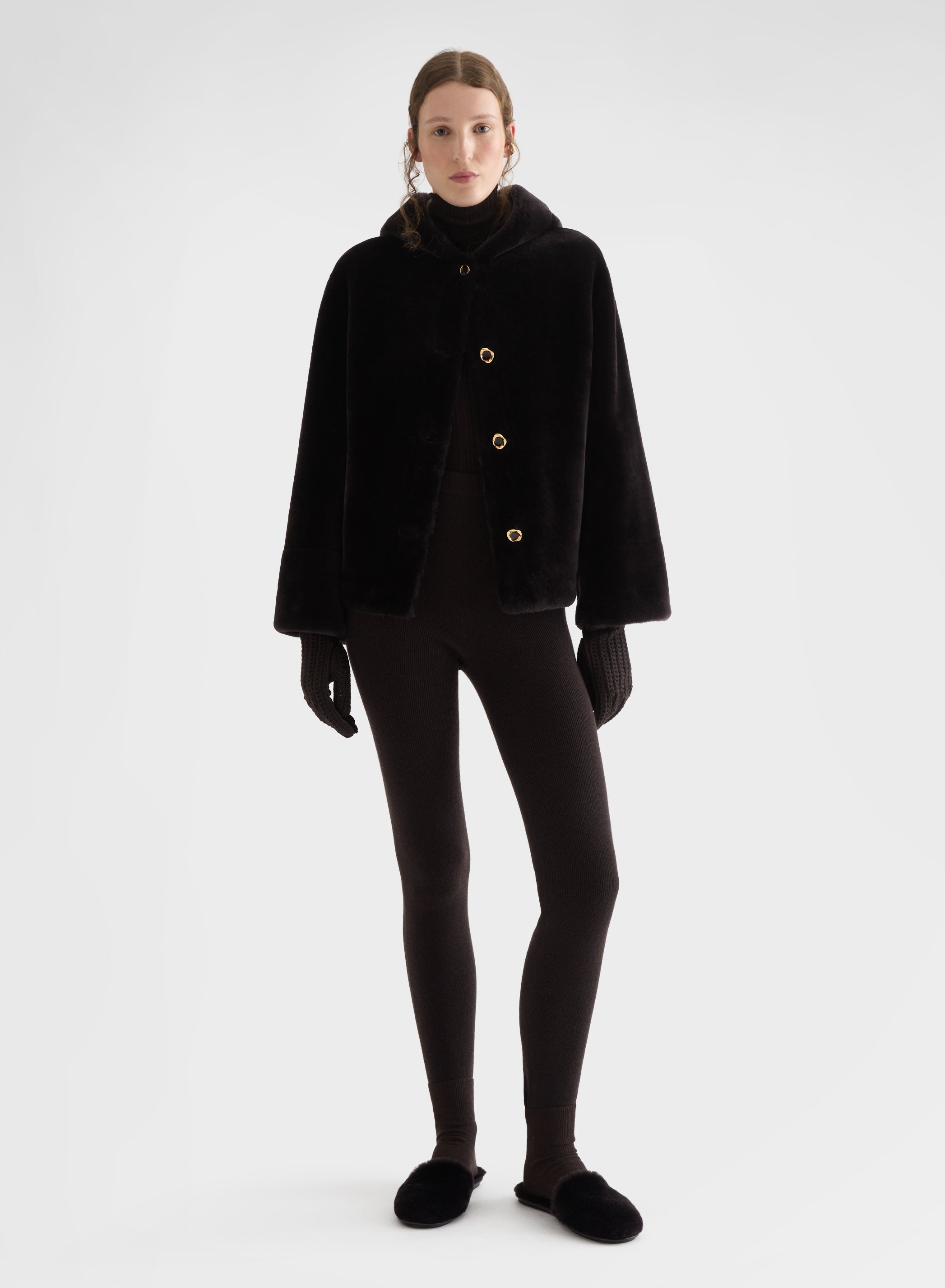 VELVET SHEARLING HOODED JACKET