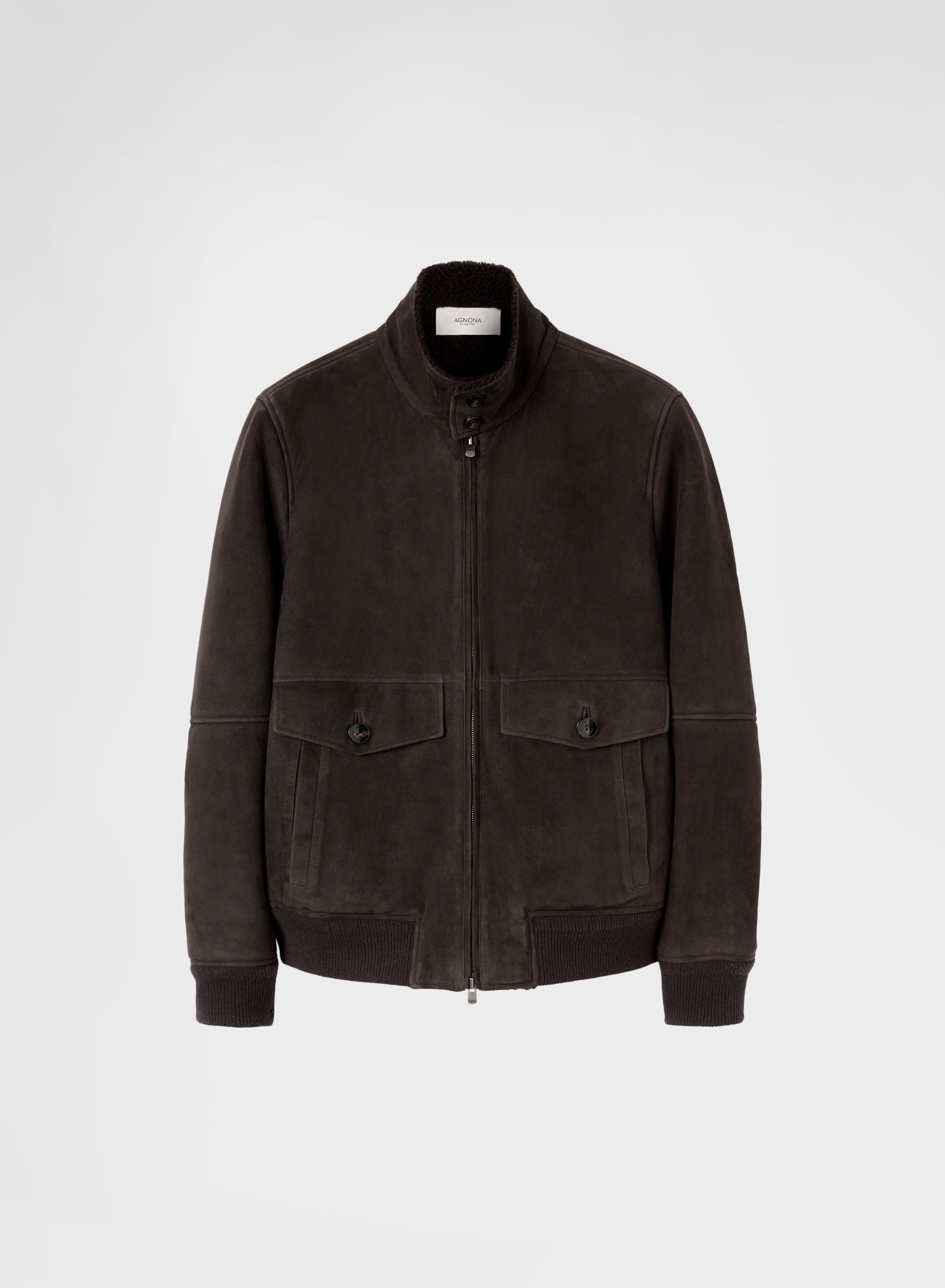 SUEDE SHEARLING ZIPPED HIGH NECK BOMBER EBONY