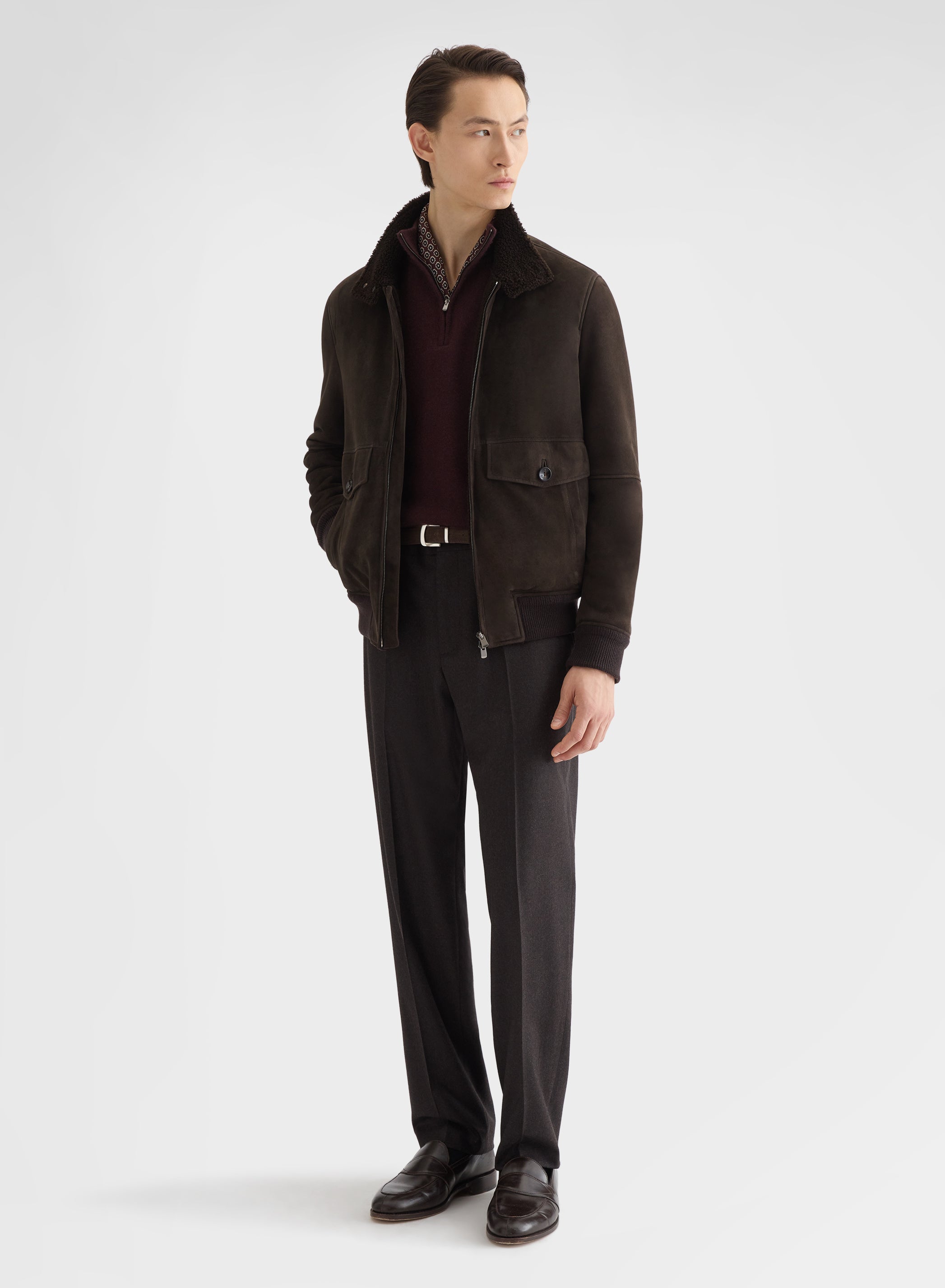 SUEDE SHEARLING ZIPPED HIGH NECK BOMBER EBONY