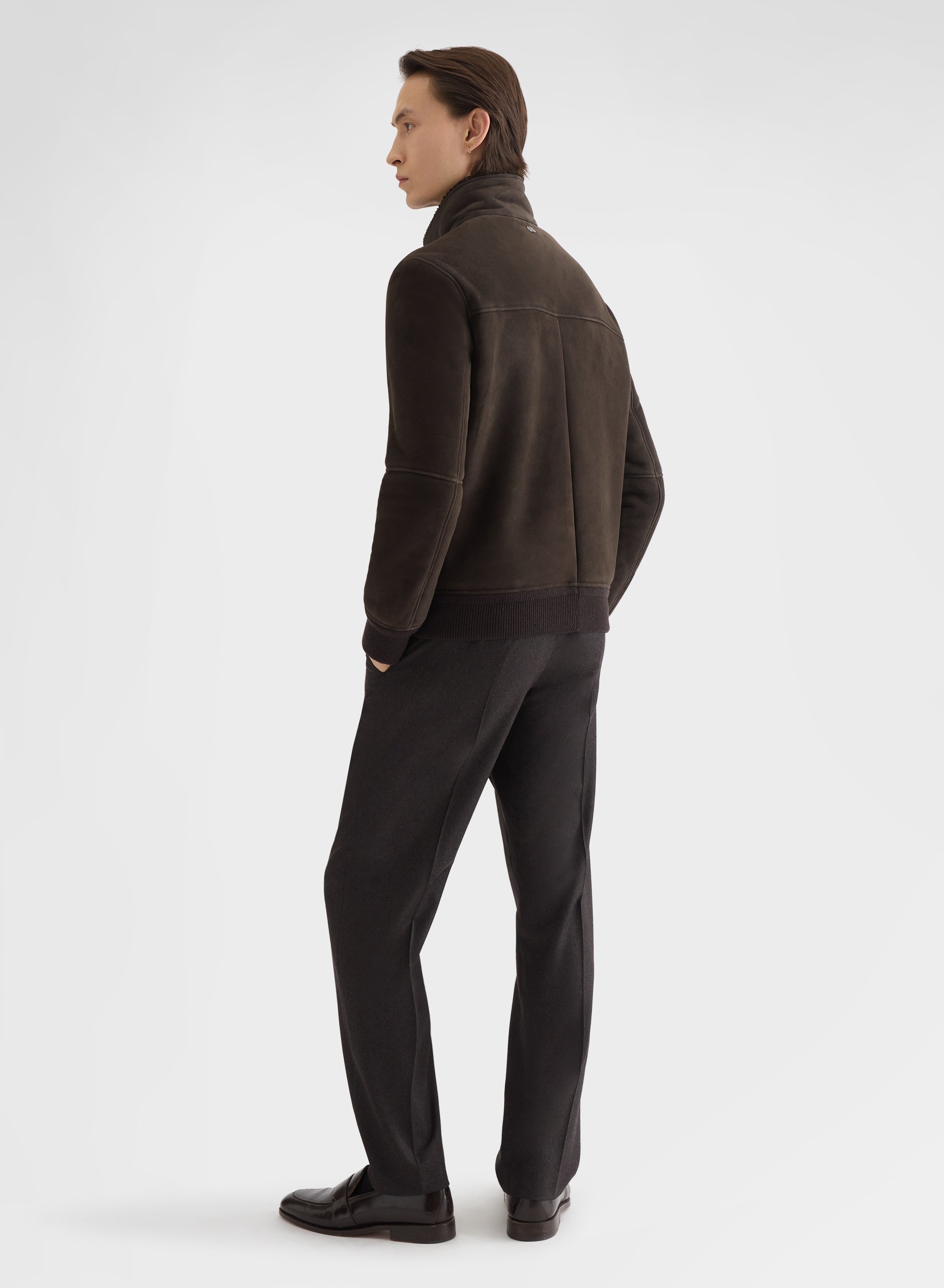SUEDE SHEARLING ZIPPED HIGH NECK BOMBER EBONY