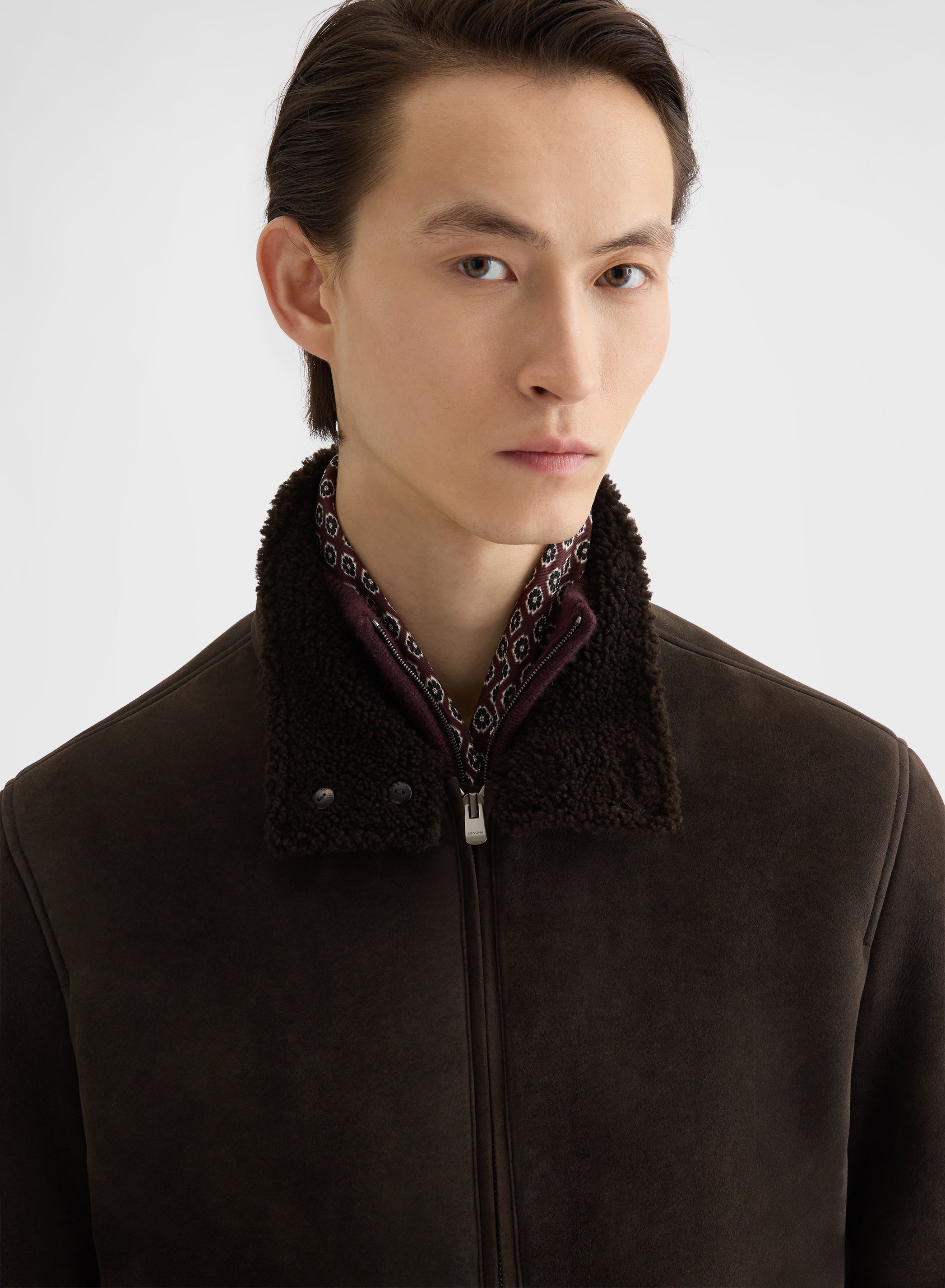 SUEDE SHEARLING ZIPPED HIGH NECK BOMBER EBONY
