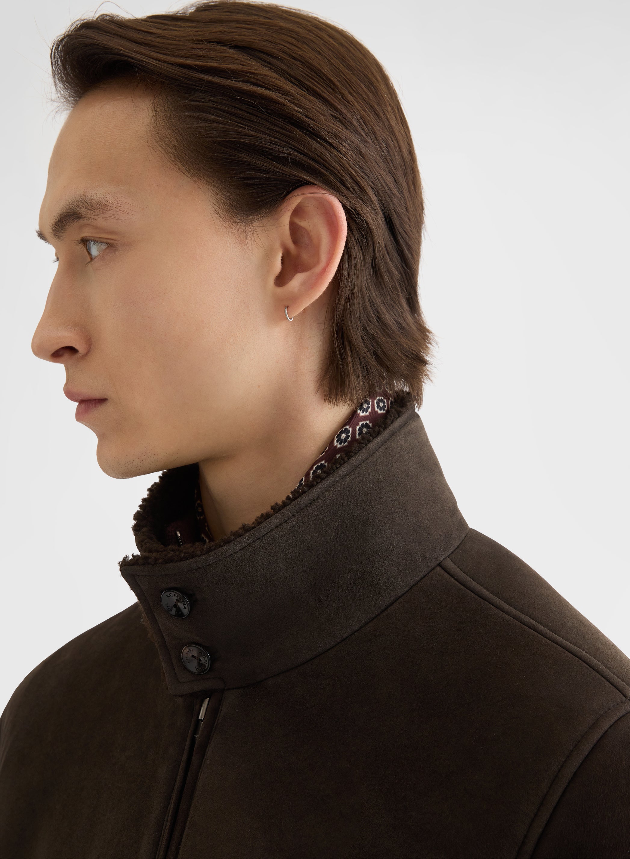 SUEDE SHEARLING ZIPPED HIGH NECK BOMBER EBONY