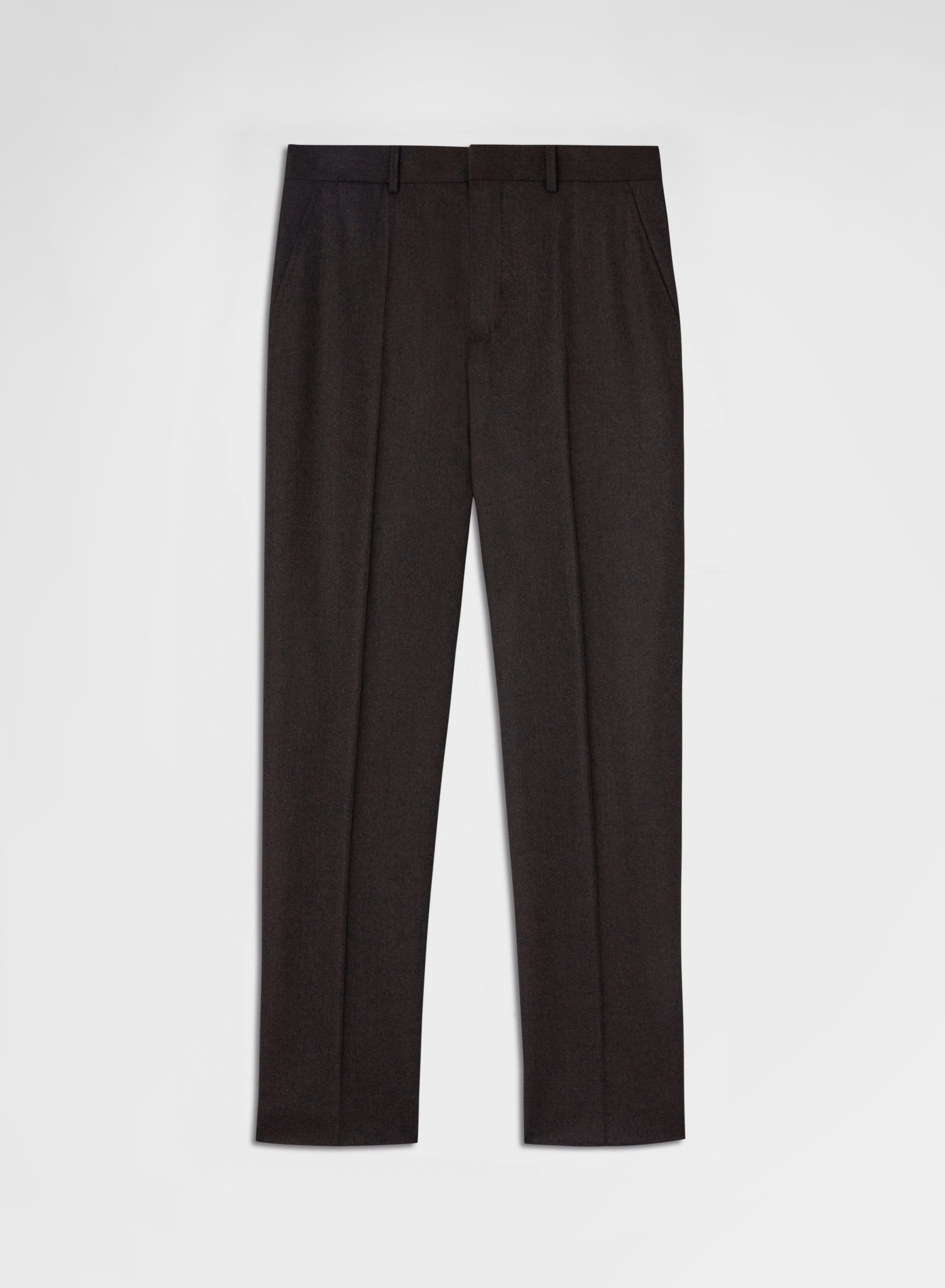 WOOL FLANNEL FLAT FRONT STRAIGHT TROUSERS EBONY