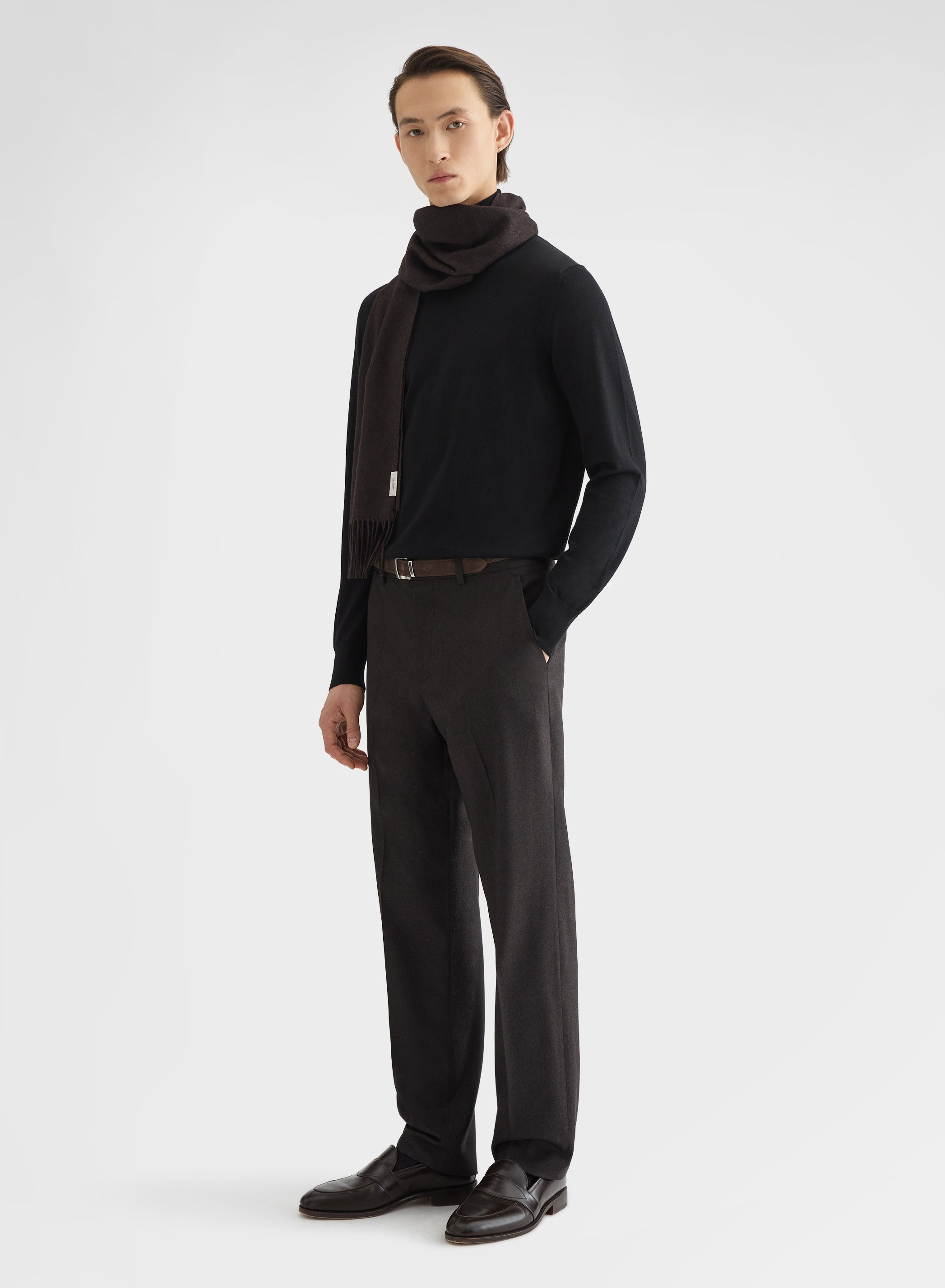 WOOL FLANNEL FLAT FRONT STRAIGHT TROUSERS EBONY