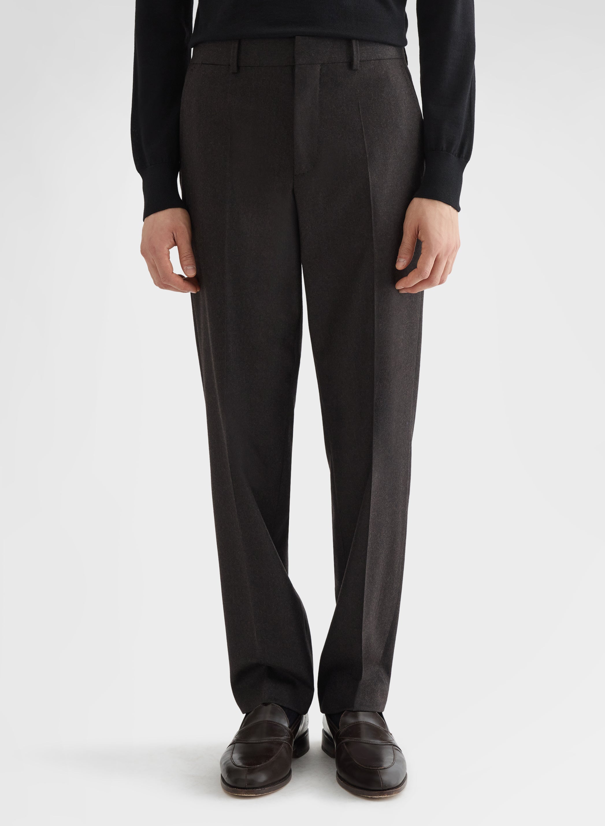 WOOL FLANNEL FLAT FRONT STRAIGHT TROUSERS EBONY