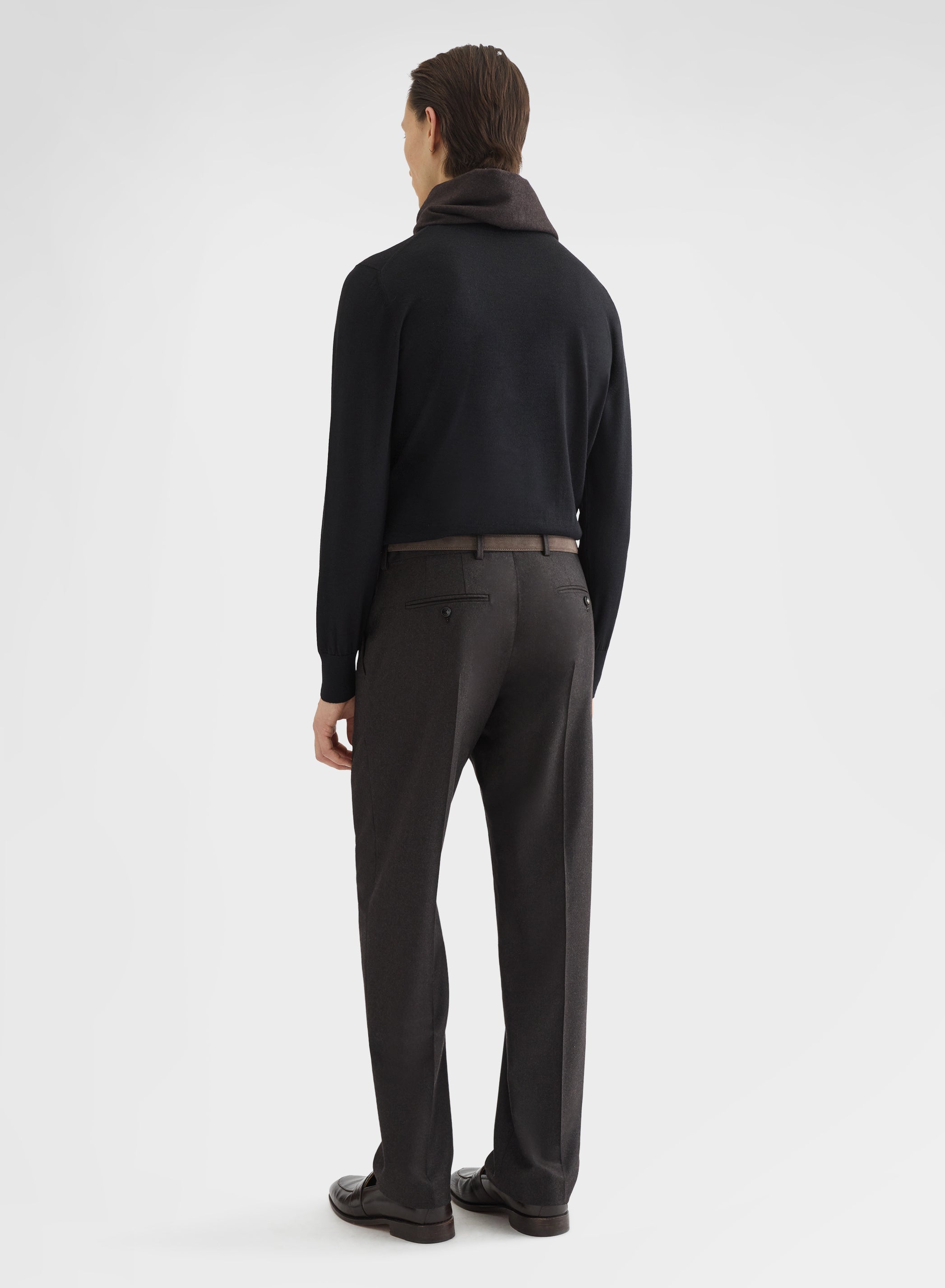 WOOL FLANNEL FLAT FRONT STRAIGHT TROUSERS EBONY