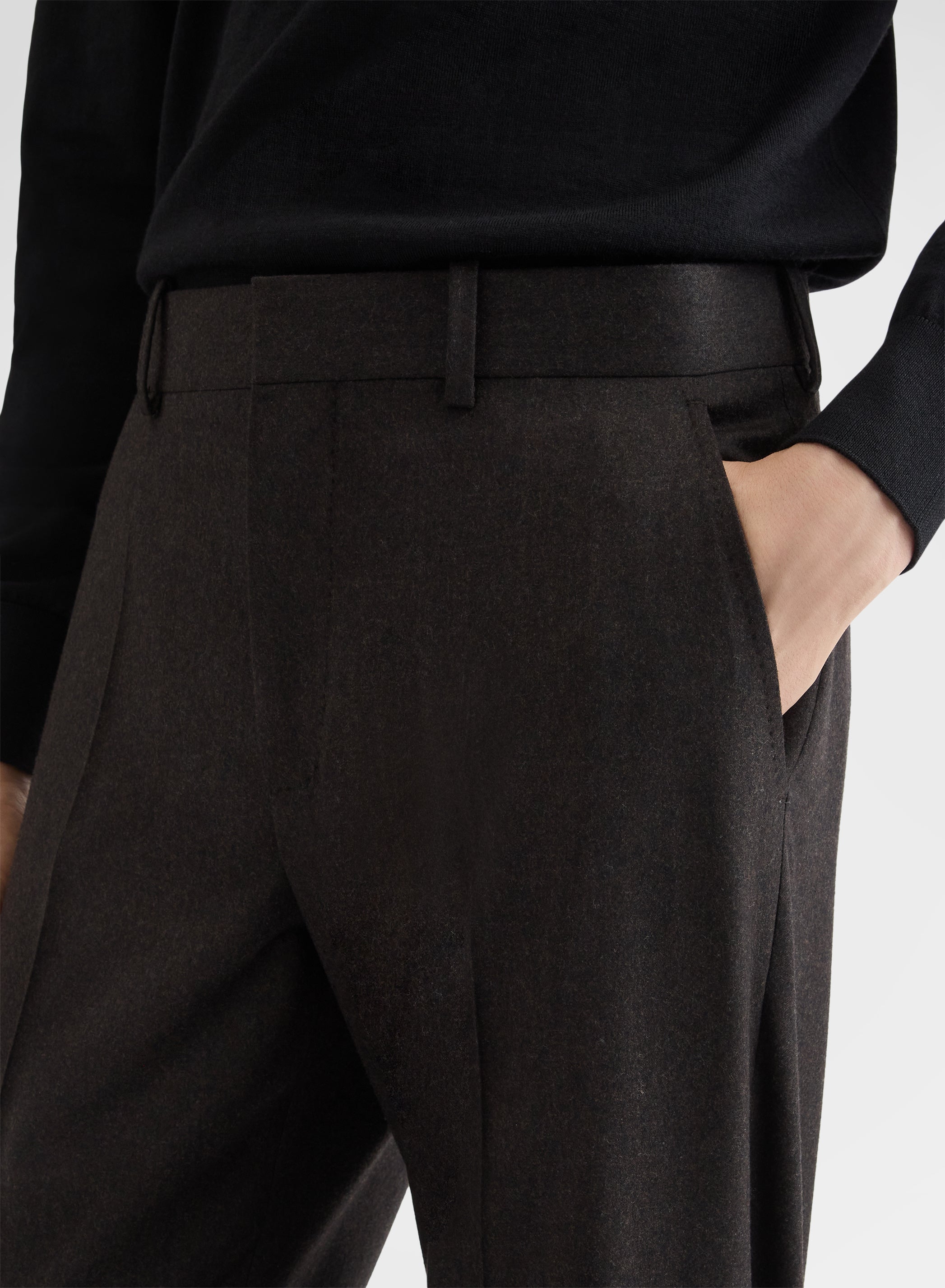 WOOL FLANNEL FLAT FRONT STRAIGHT TROUSERS EBONY