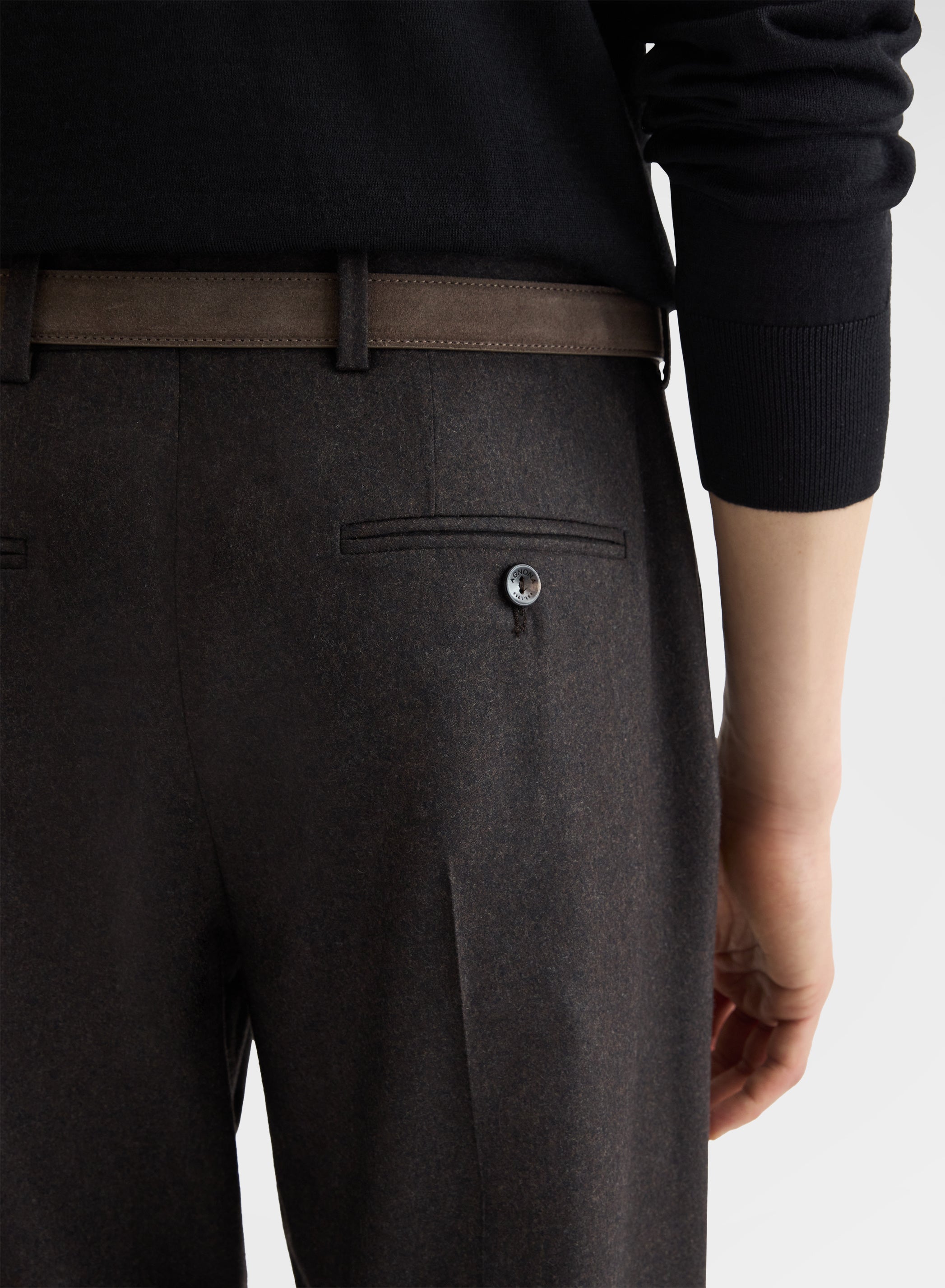 WOOL FLANNEL FLAT FRONT STRAIGHT TROUSERS EBONY