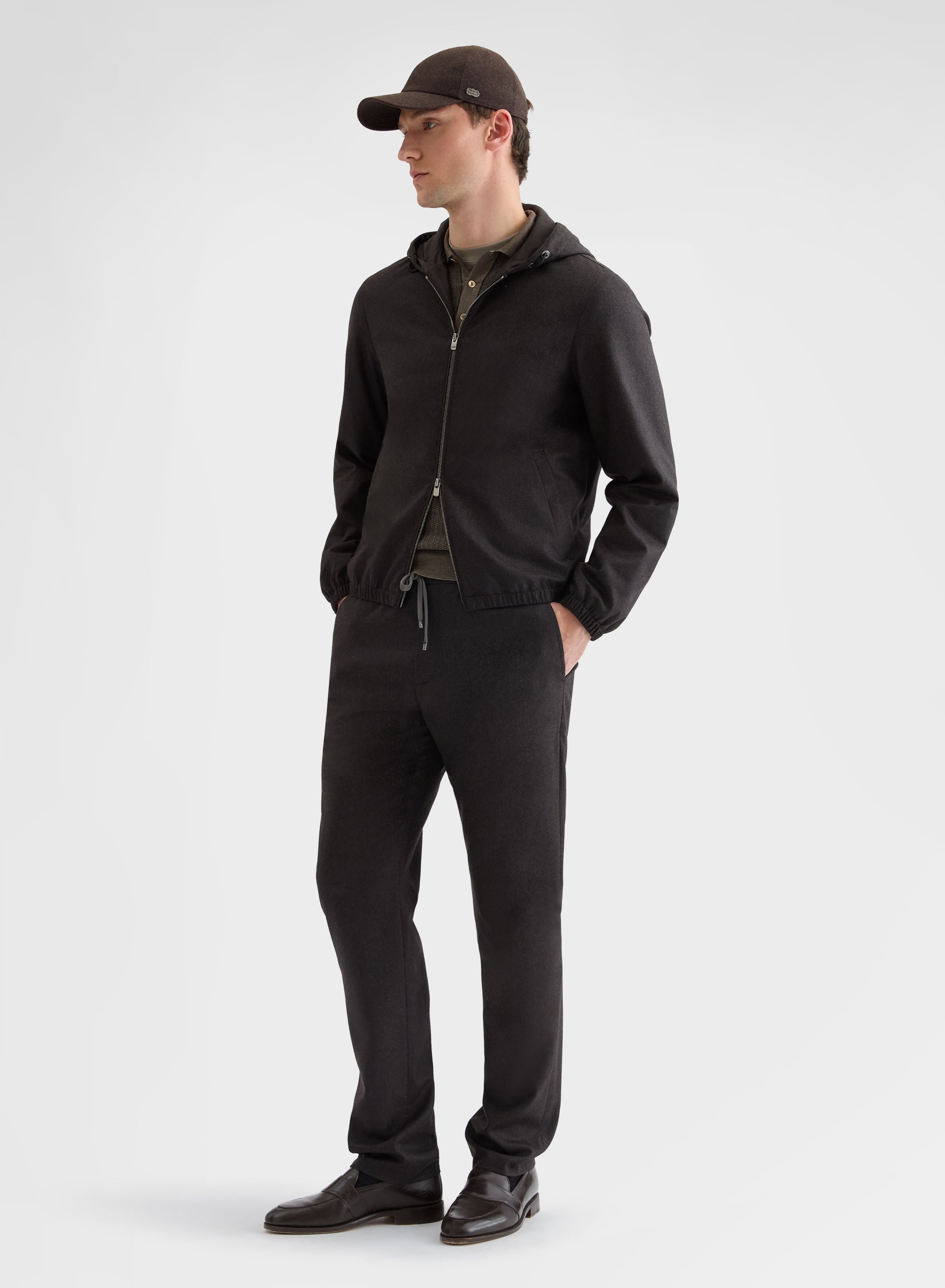 WOOL FLANNEL JOGGER STRAIGHT TROUSERS EBONY