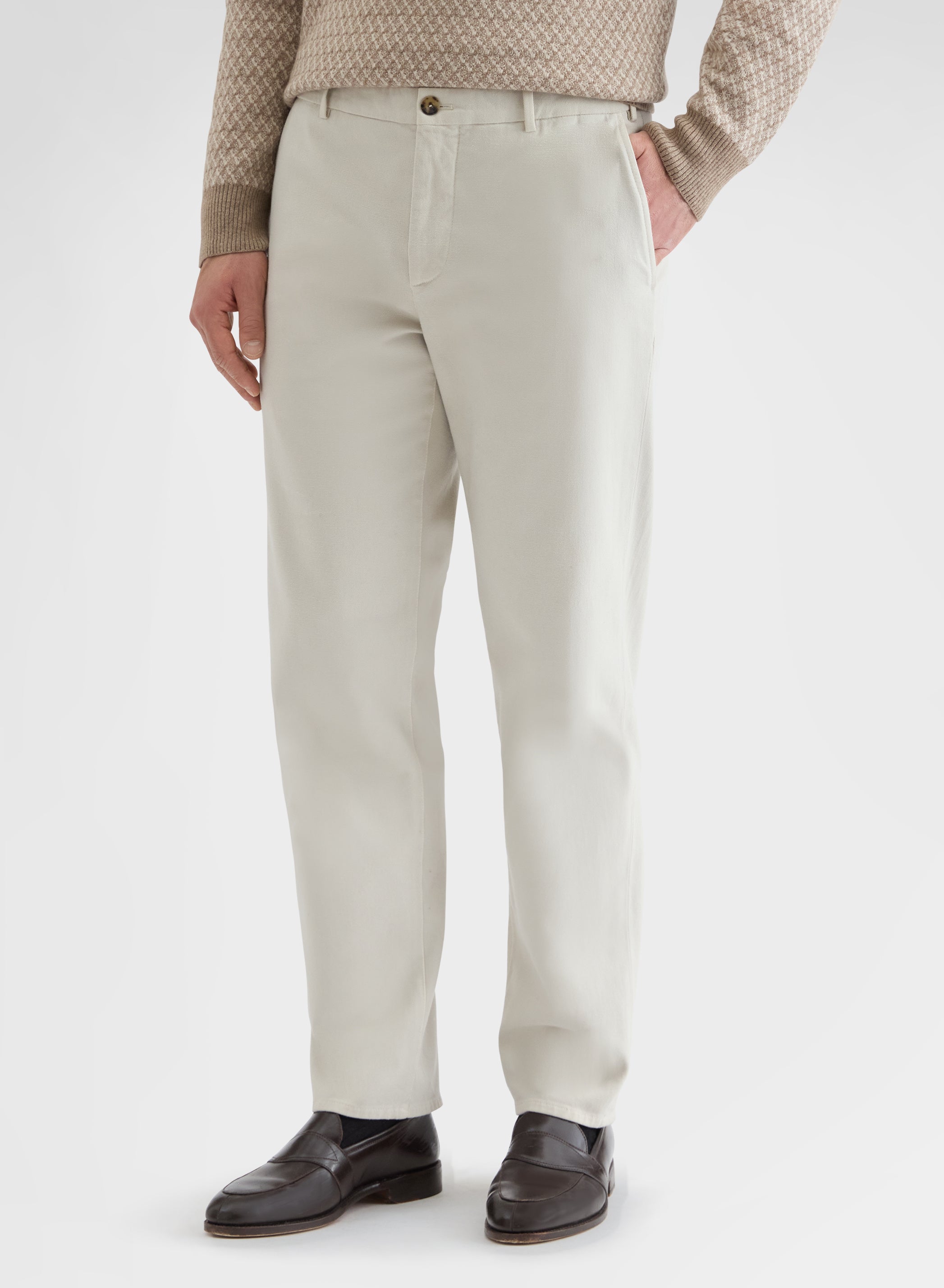 HEAVY COTTON STRETCH GARMENT DYED STRAIGHT CHINO TROUSERS GREIGE