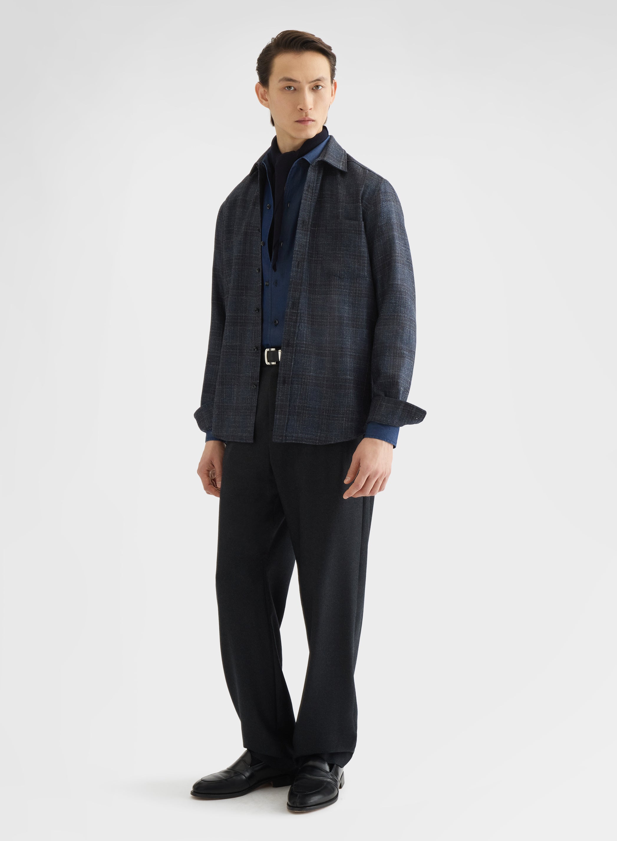 WOOL SILK CHECK ONE POCKET SHIRT