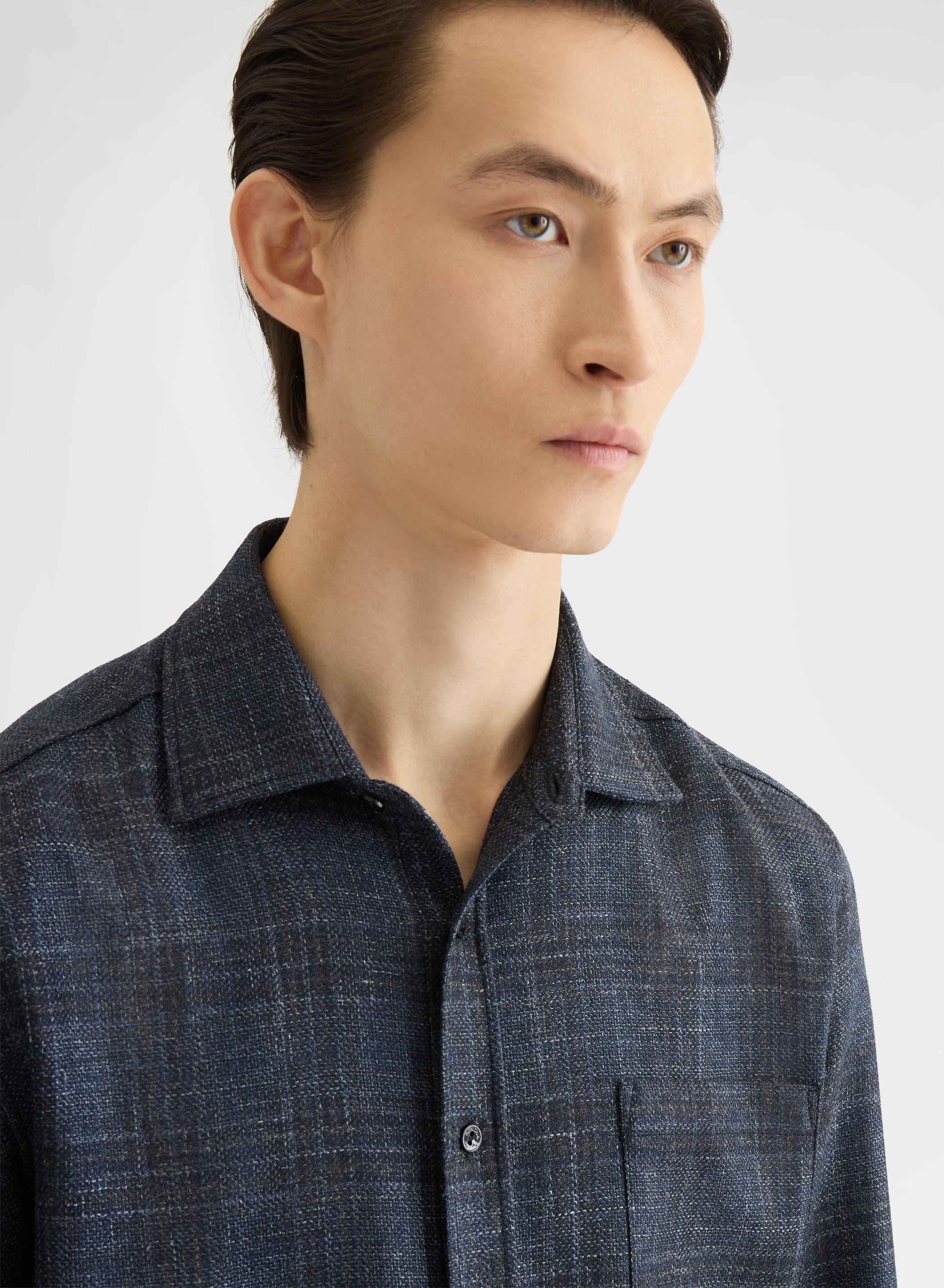 WOOL SILK CHECK ONE POCKET SHIRT
