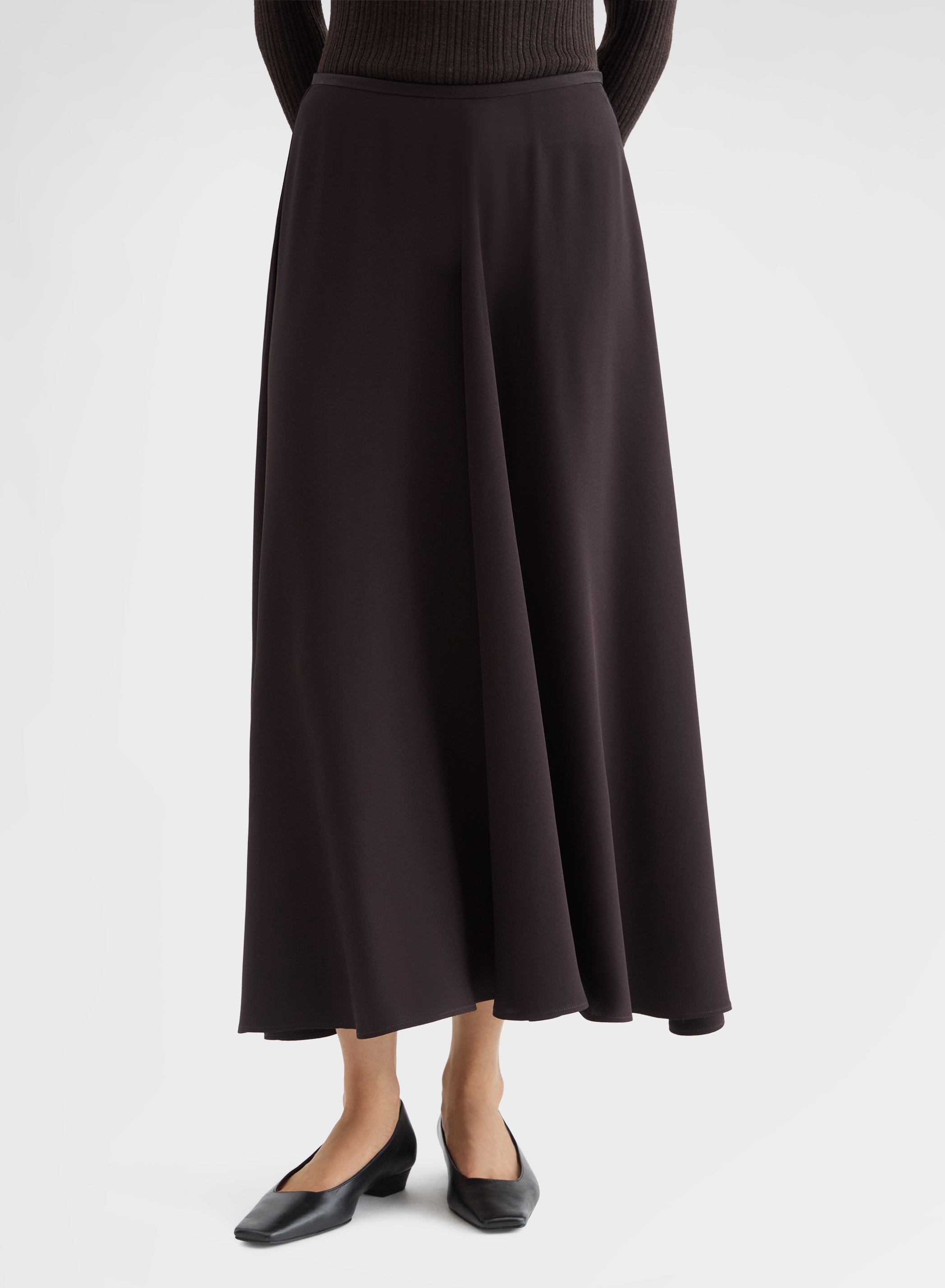 MATT SILK BLEND HIGH WAISTED WIDE MIDI SKIRT EBONY