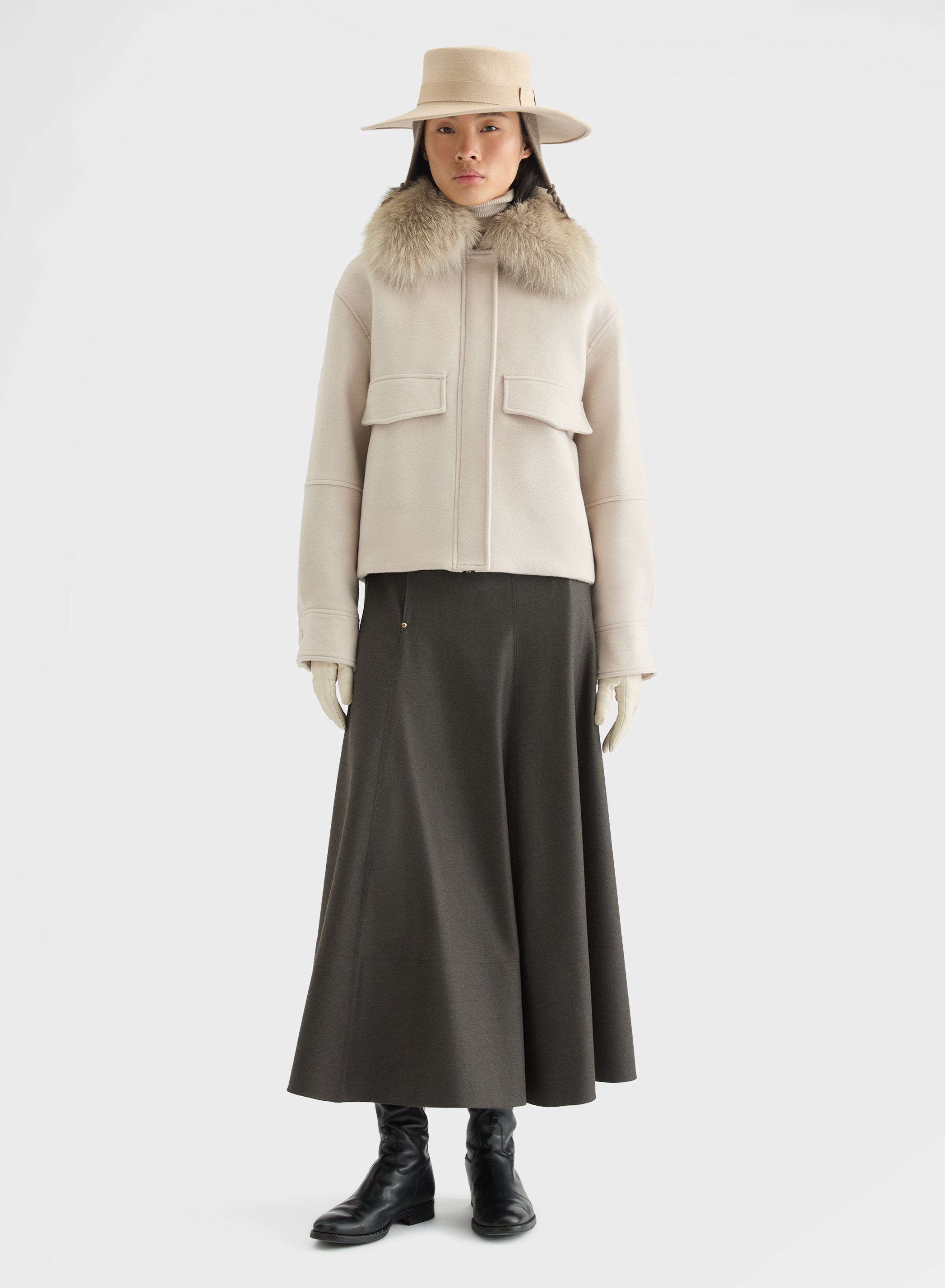 CASHMERE DRAP CROPPED BOMBER GREIGE