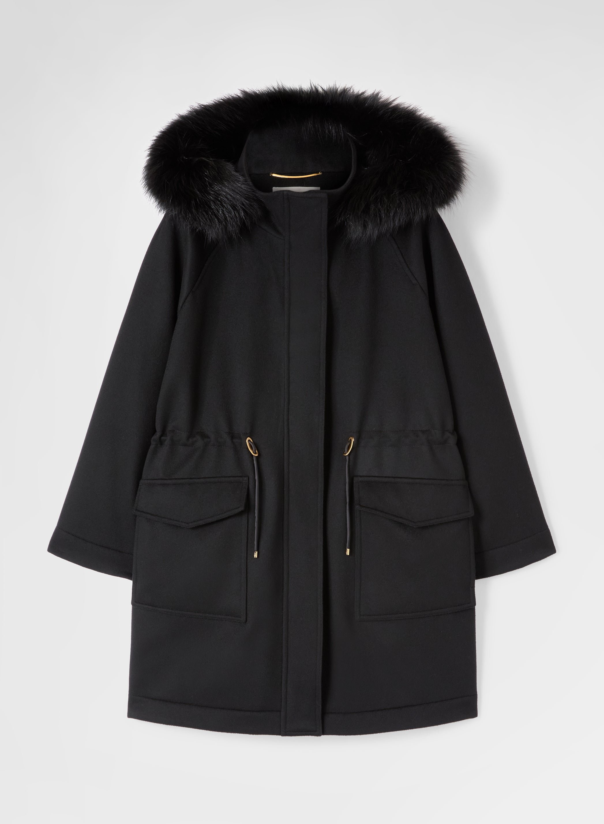 CASHMERE DRAP FUR COLLAR PARKA BLACK