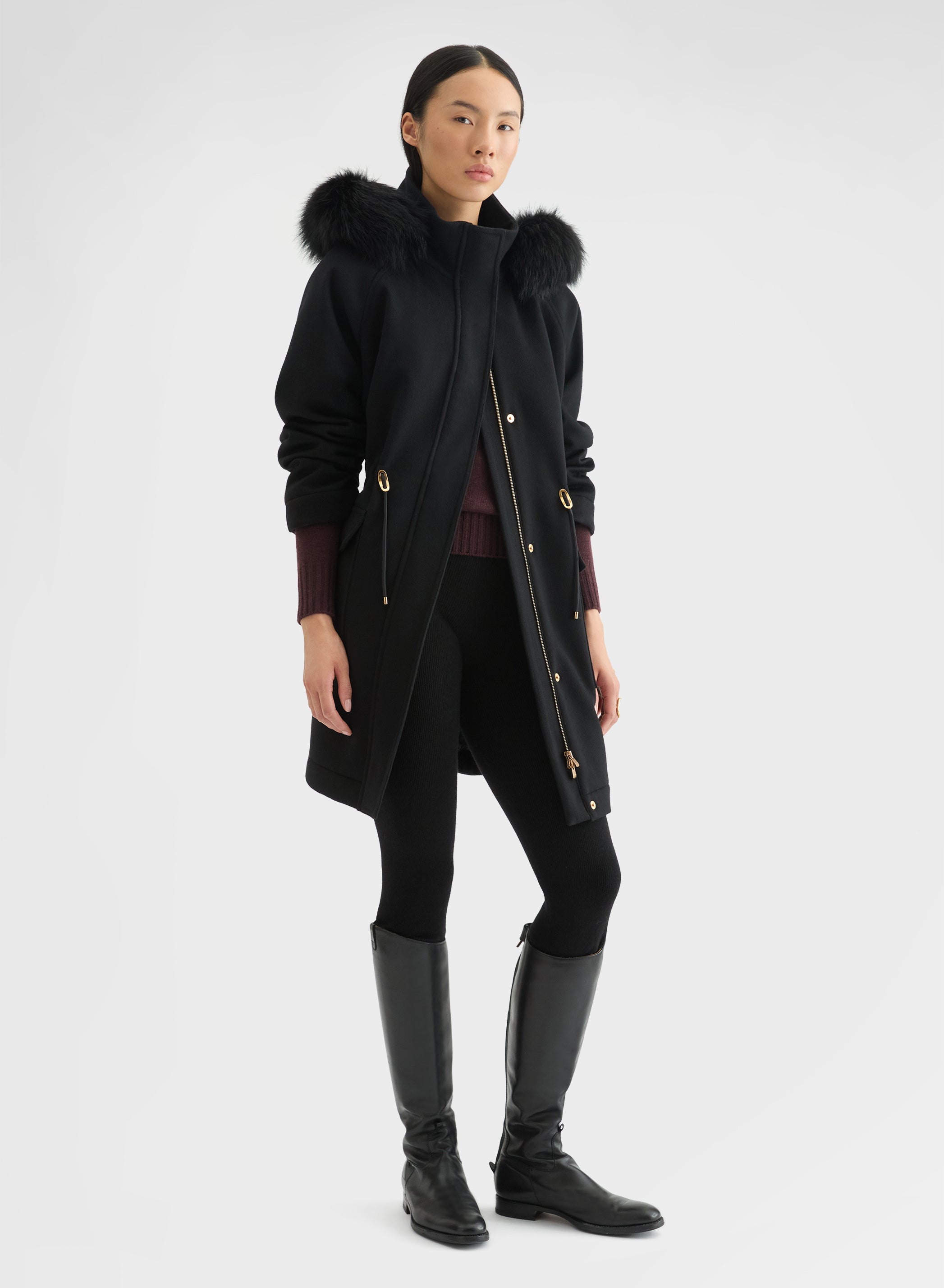 CASHMERE DRAP FUR COLLAR PARKA BLACK