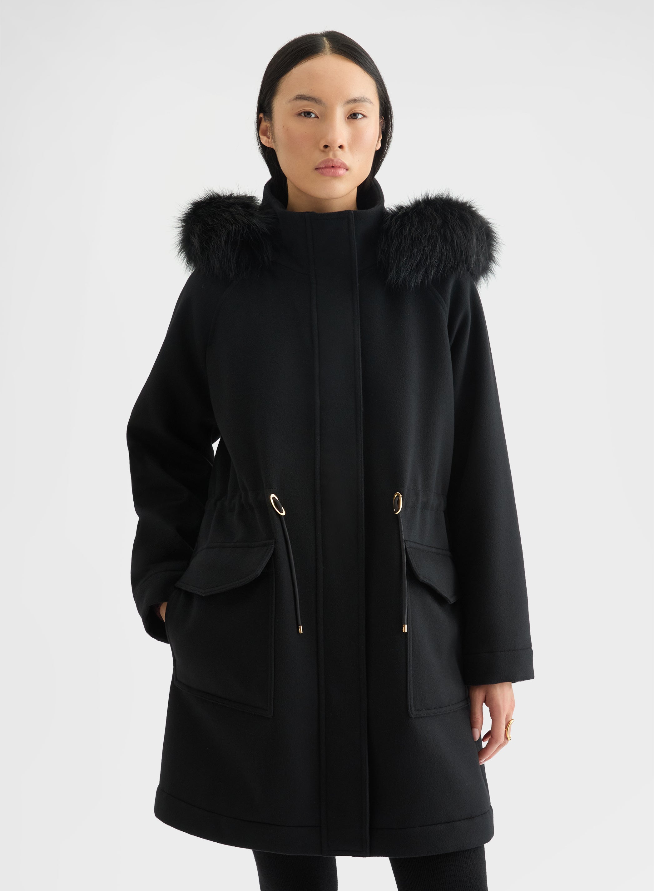 CASHMERE DRAP FUR COLLAR PARKA BLACK