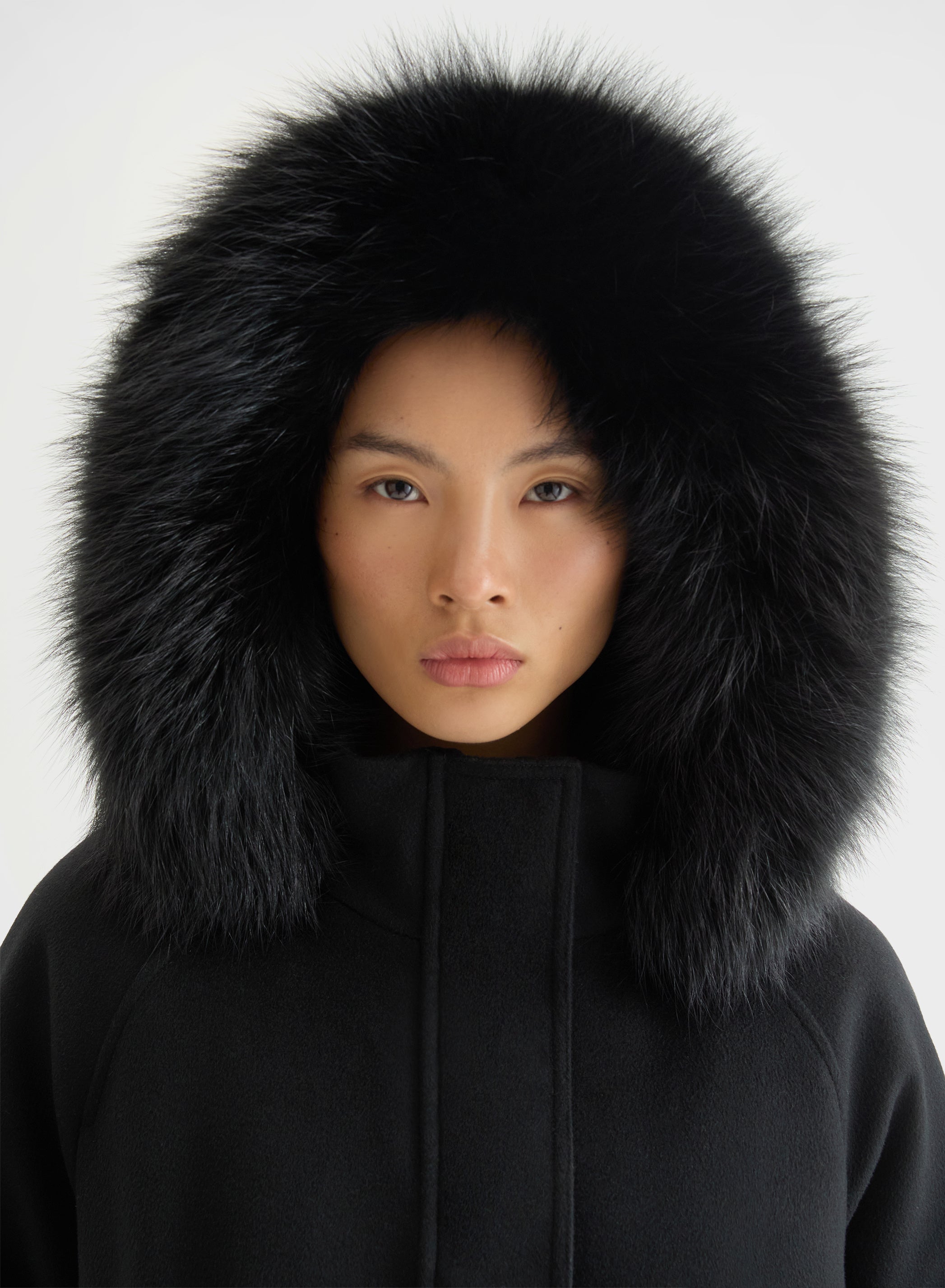 CASHMERE DRAP FUR COLLAR PARKA BLACK
