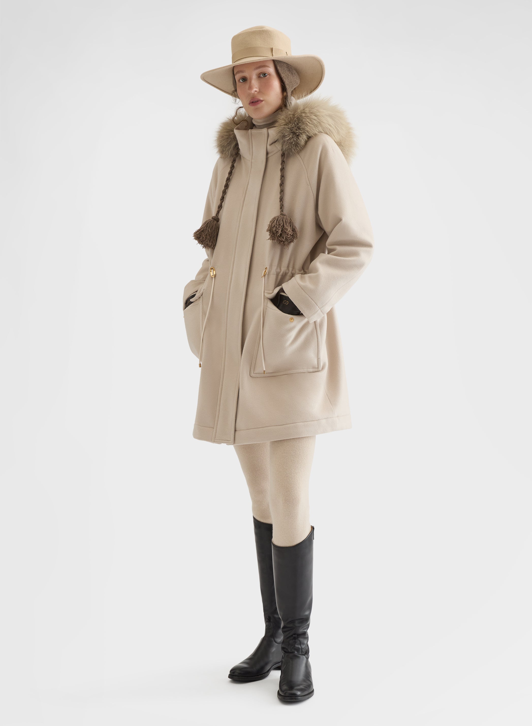 CASHMERE DRAP FUR COLLAR PARKA GREIGE