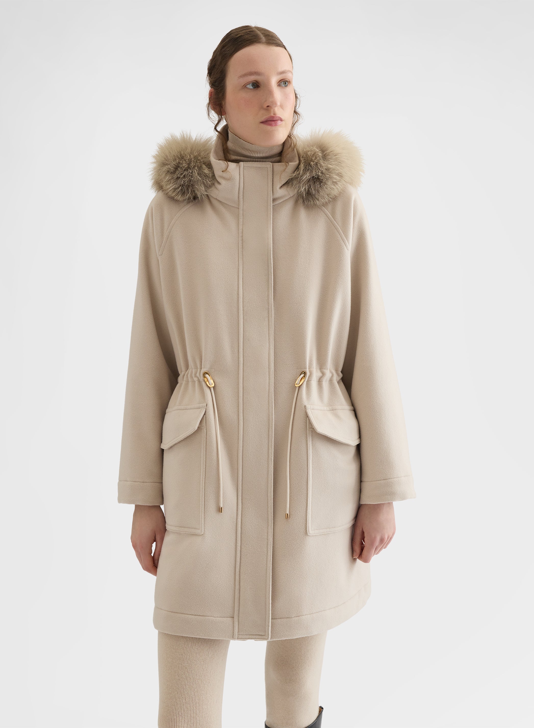 CASHMERE DRAP FUR COLLAR PARKA GREIGE