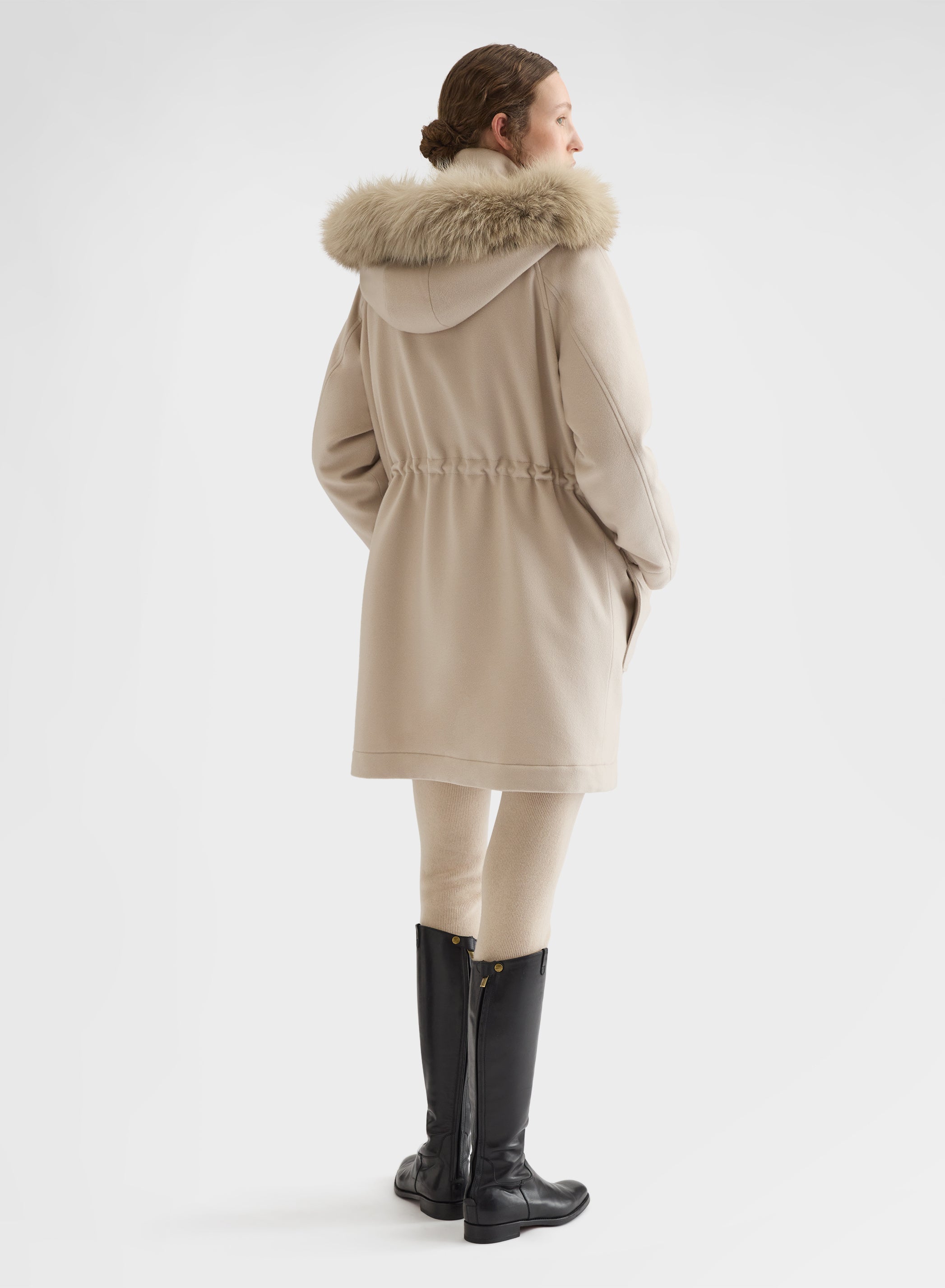 CASHMERE DRAP FUR COLLAR PARKA GREIGE
