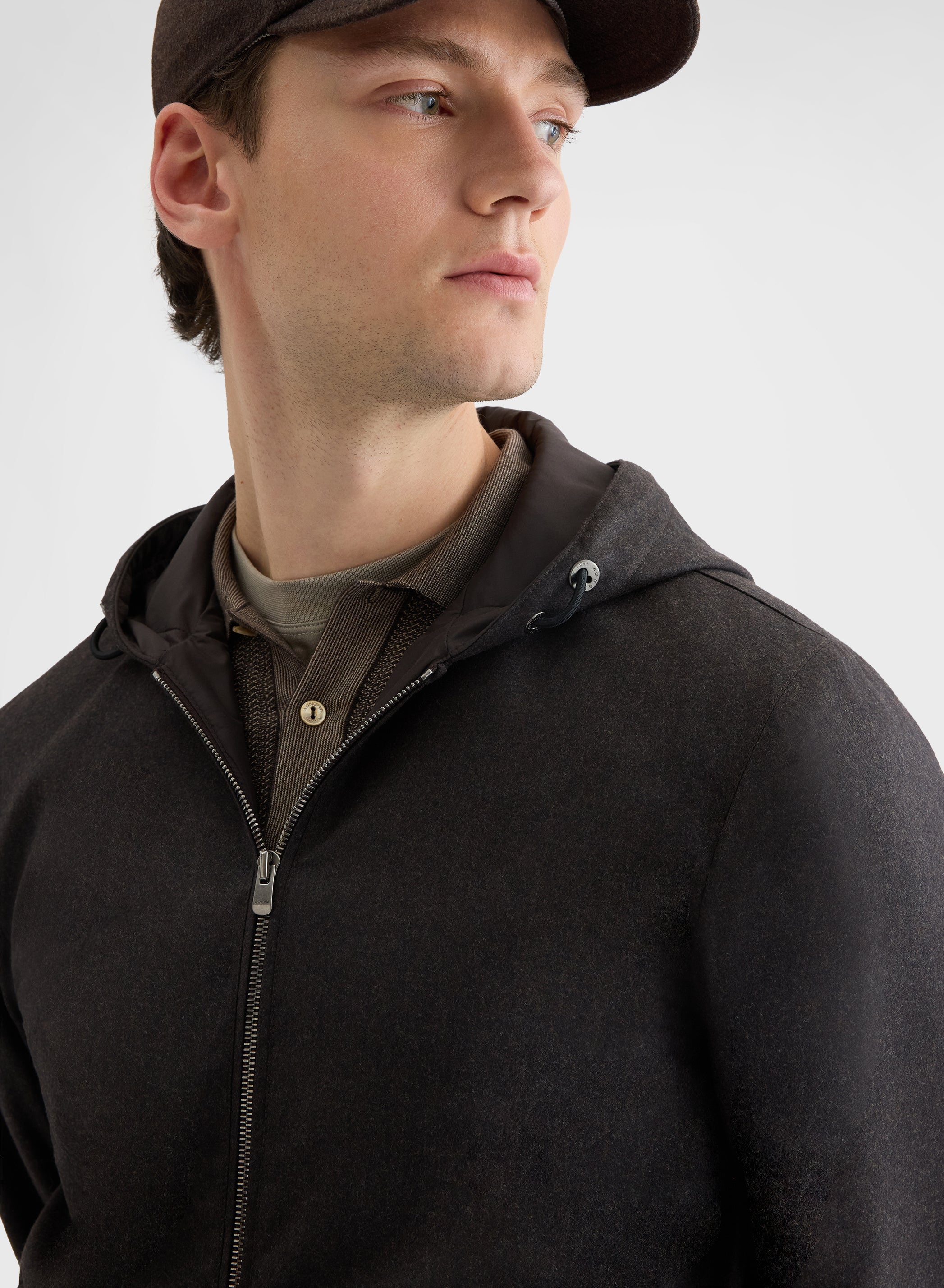 WOOL FLANNEL HOODED BLOUSON EBONY