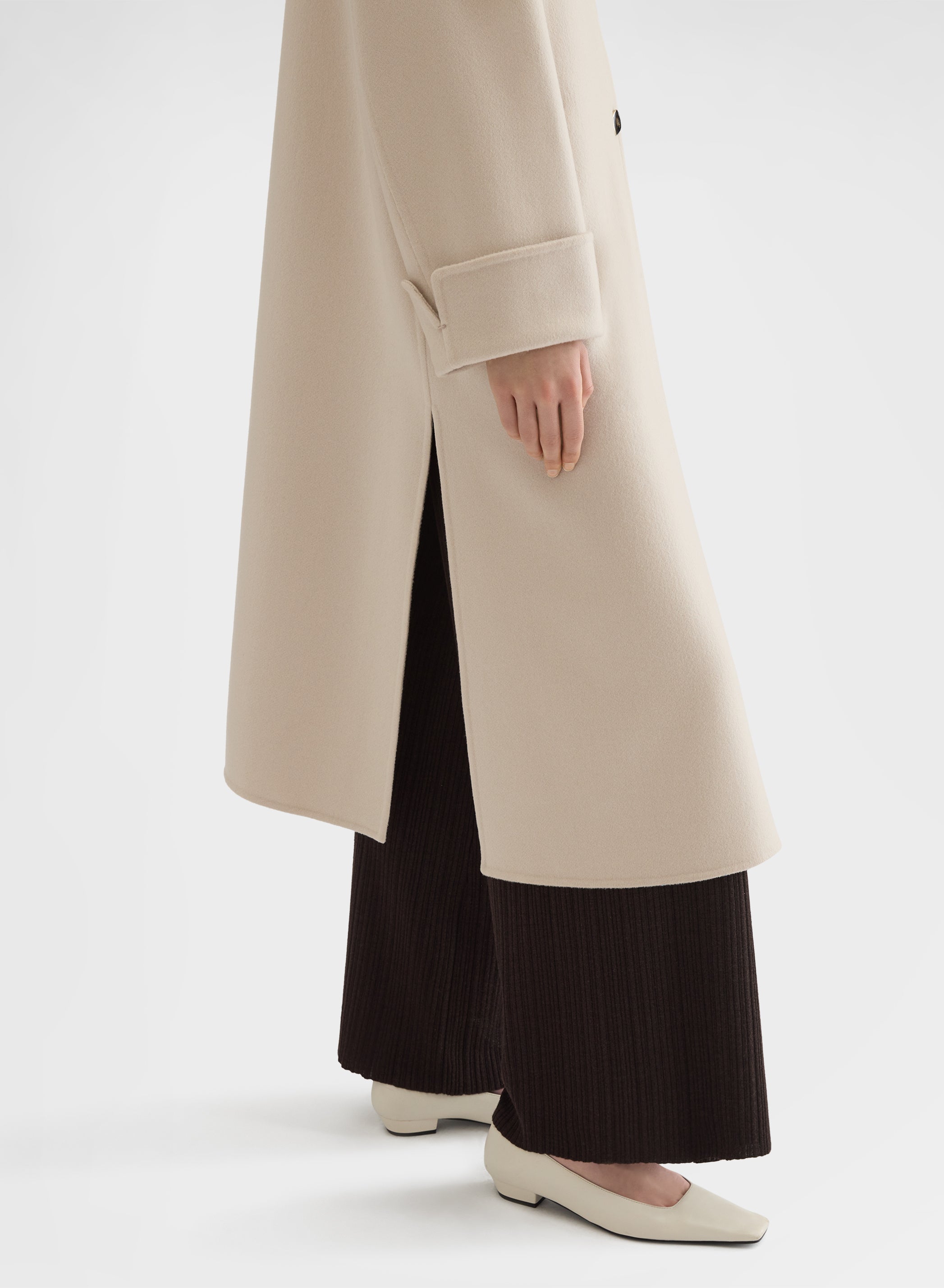 CASHMERE DOUBLE FACE ROUND NECK LONG COAT GREIGE