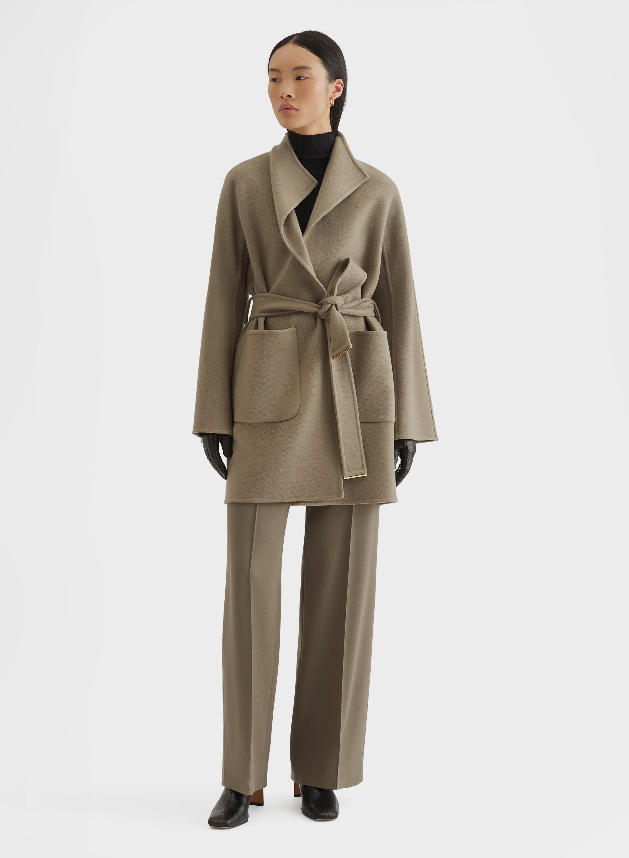 MATT CASHMERE DOUBLE FACE HIGH NECK BELTED COAT