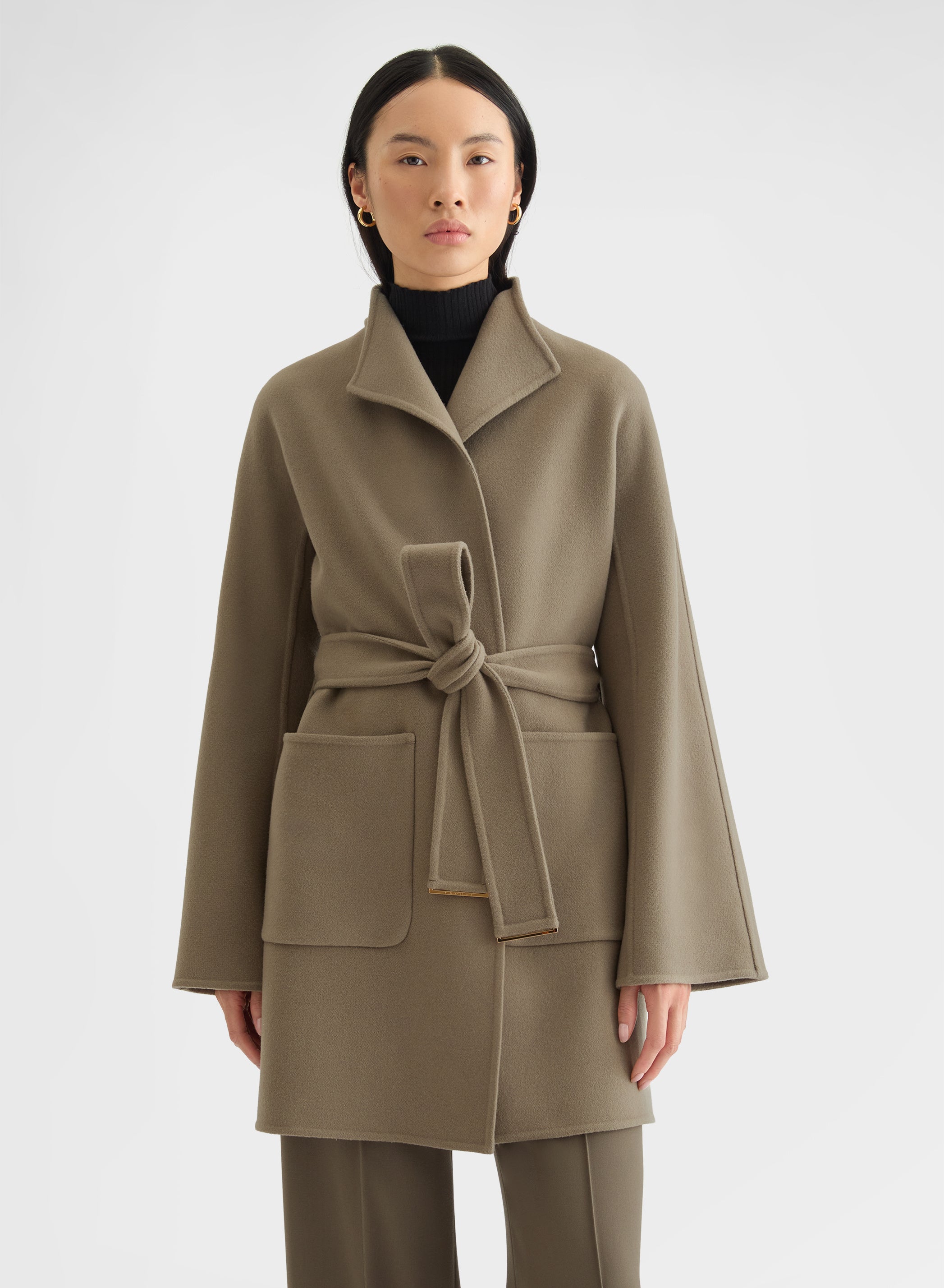 MATT CASHMERE DOUBLE FACE HIGH NECK BELTED COAT