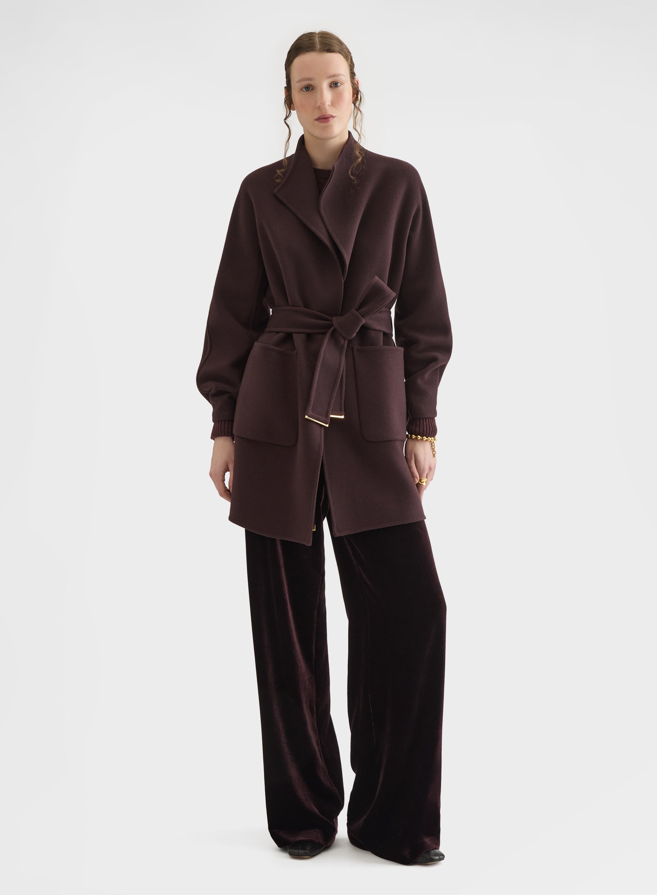 MATT CASHMERE DOUBLE FACE HIGH NECK BELTED COAT BURGUNDY