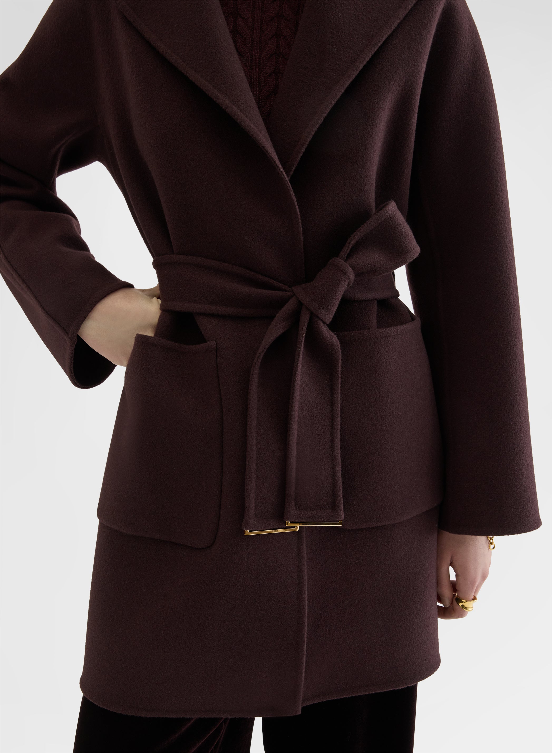 MATT CASHMERE DOUBLE FACE HIGH NECK BELTED COAT BURGUNDY