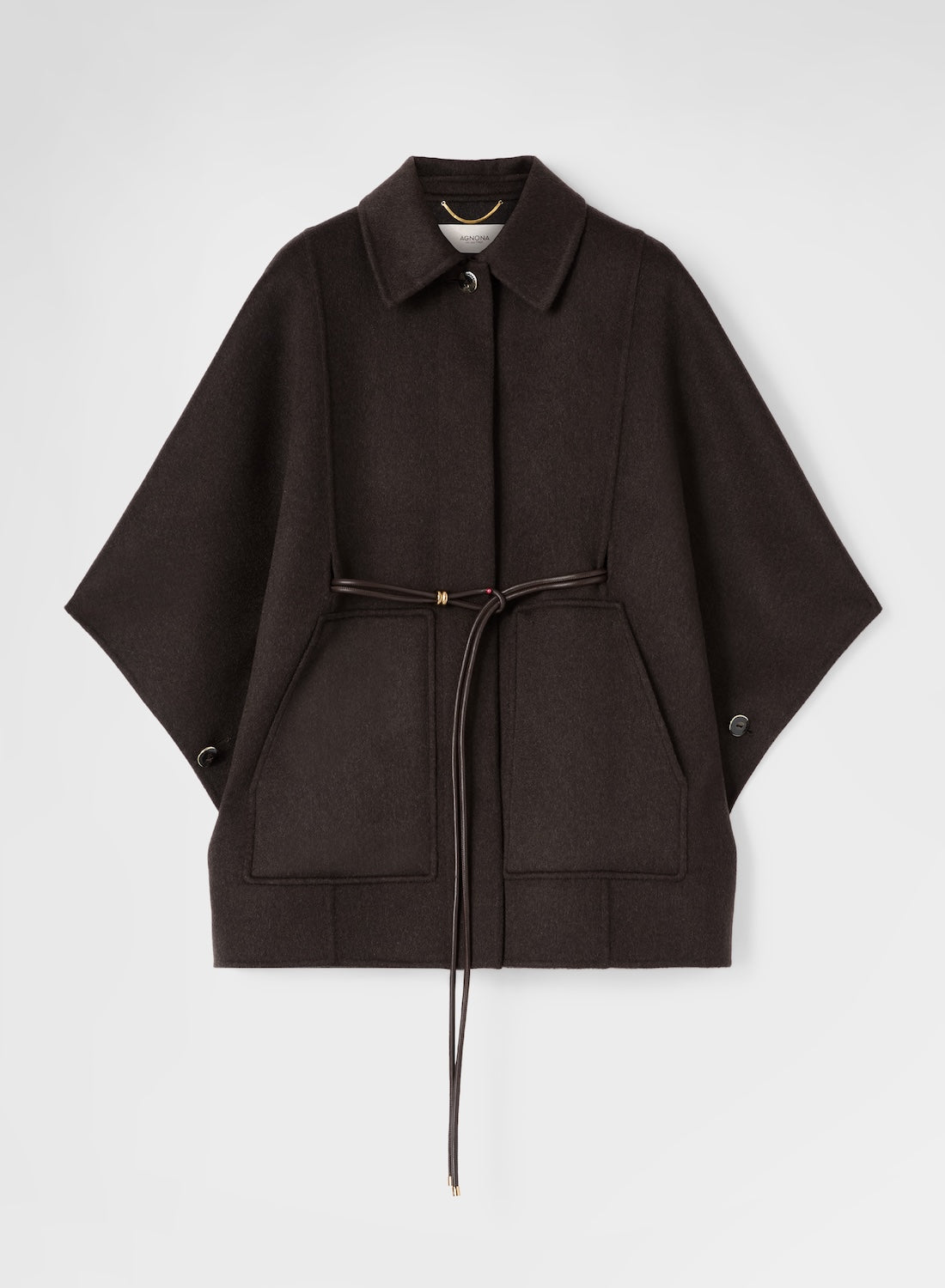 CASHMERE DOUBLE FACE BELTED CAPE DARK BROWN