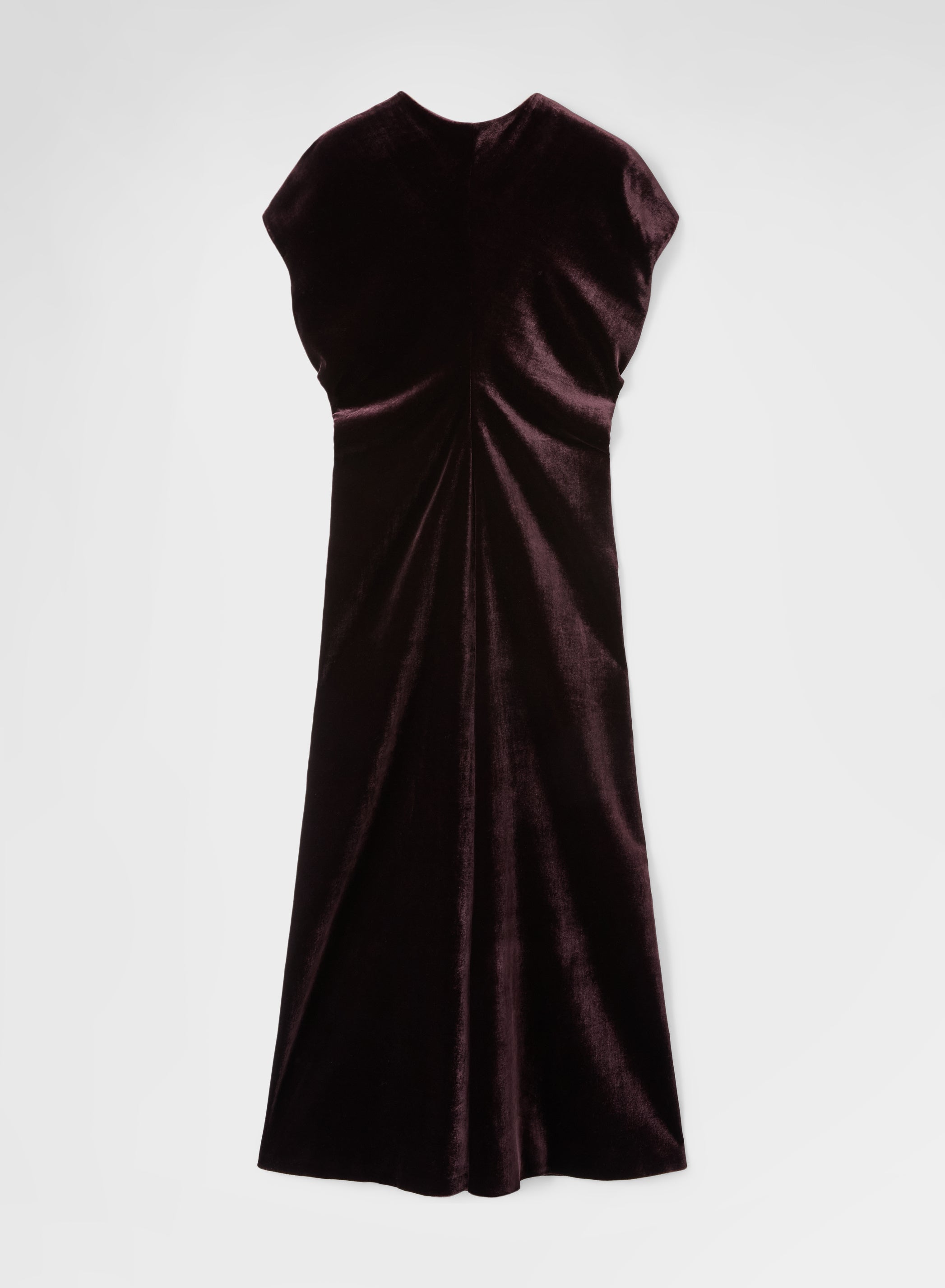 SILK BLEND VELVET GATHERED MIDI DRESS BURGUNDY