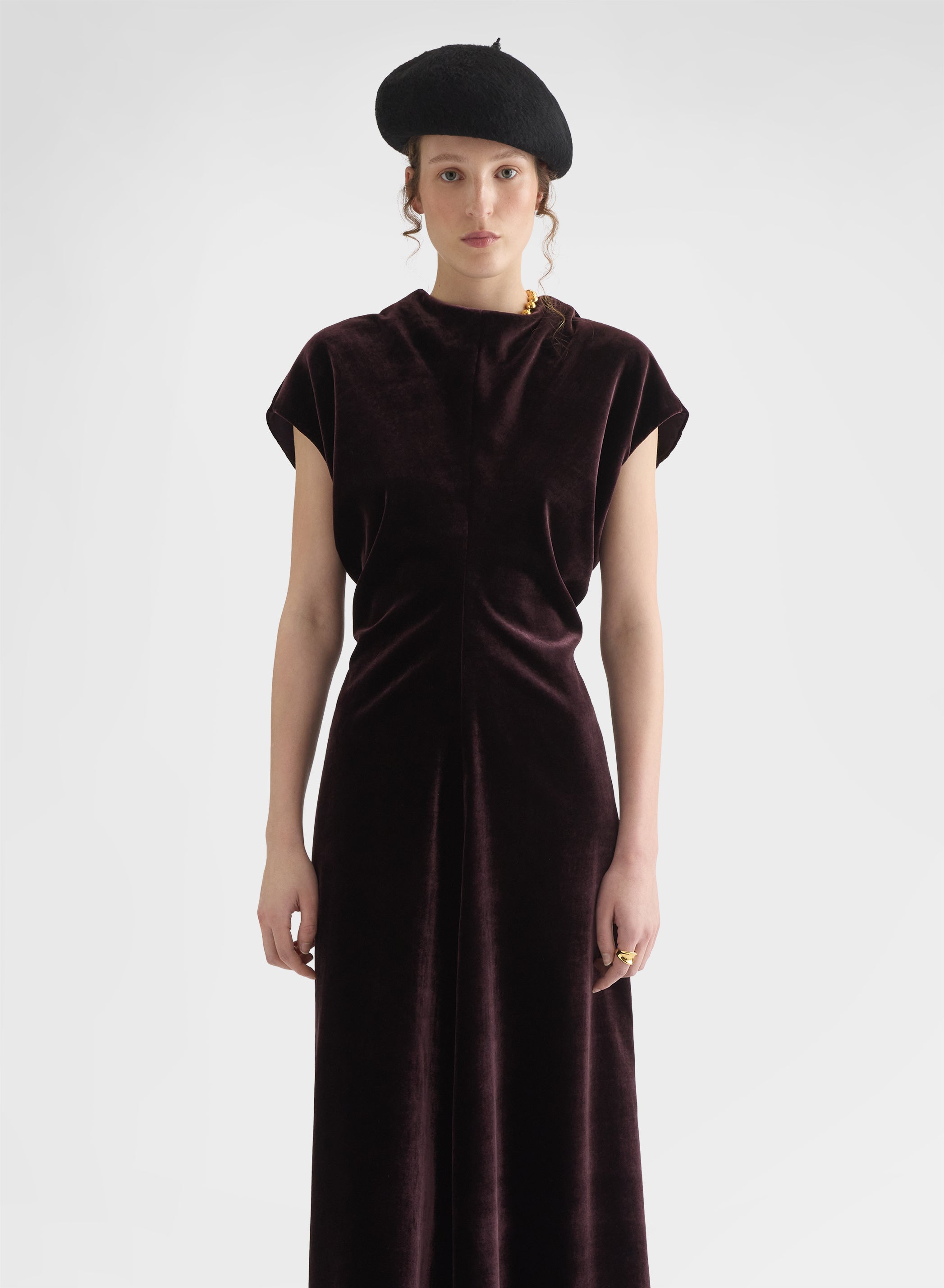SILK BLEND VELVET GATHERED MIDI DRESS BURGUNDY