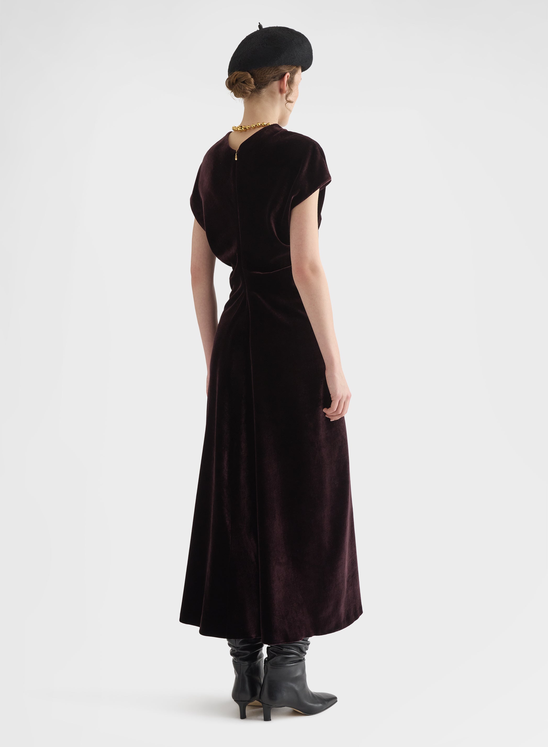 SILK BLEND VELVET GATHERED MIDI DRESS BURGUNDY