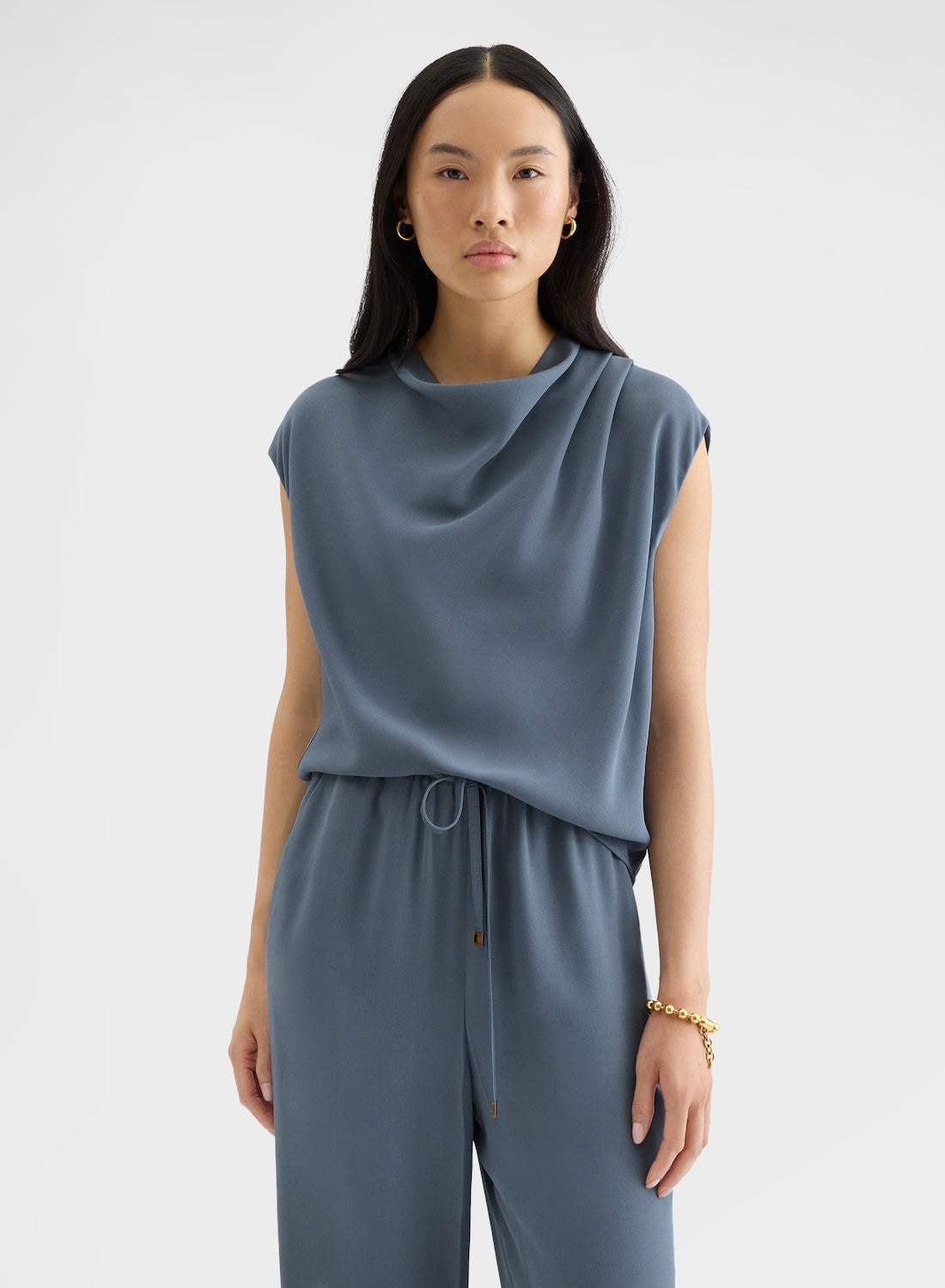 MATT SILK BLEND COWL-NECK TOP DARK POWDER