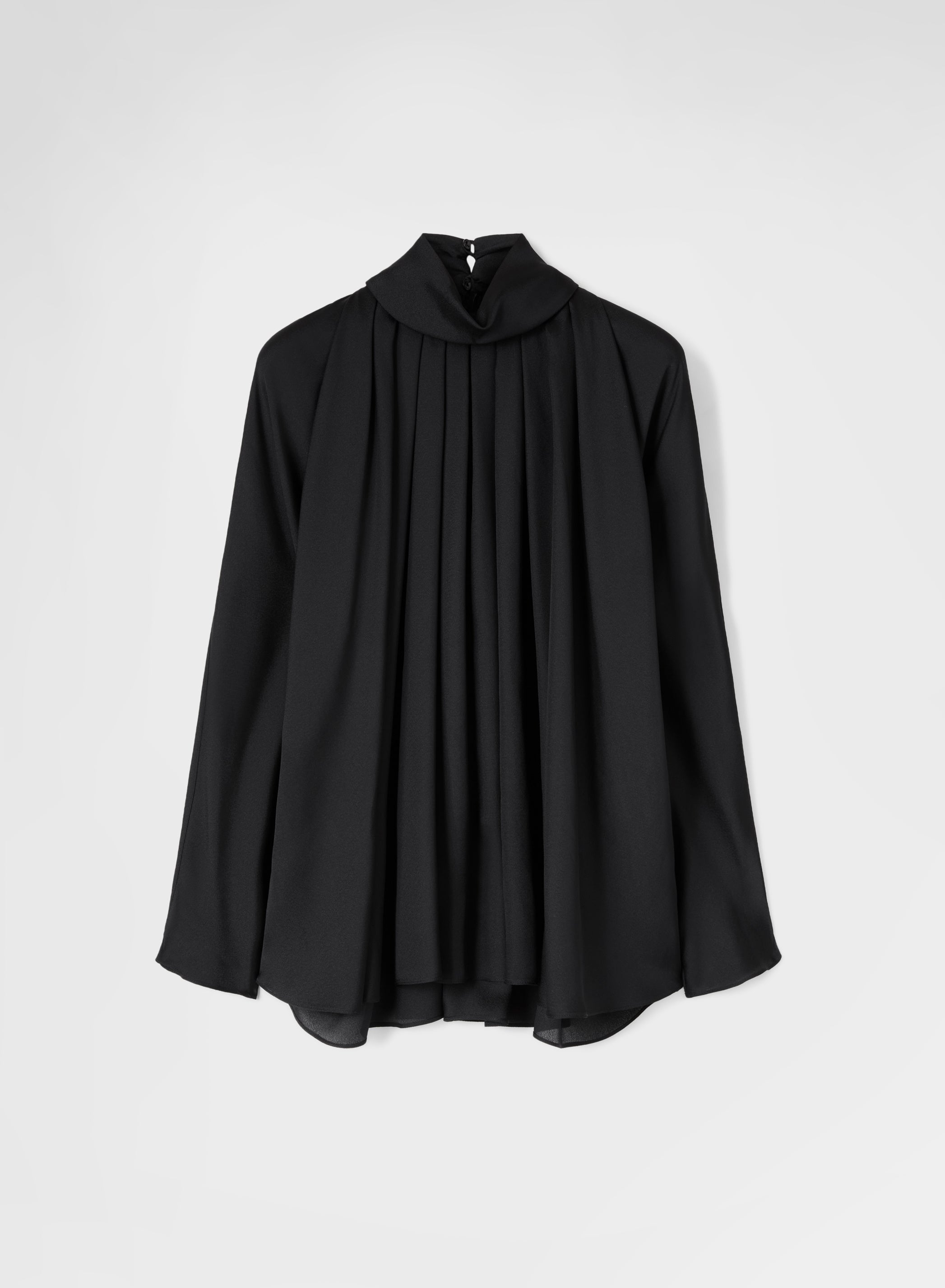 SILK BLEND SABLE HIGH NECK DRAPED BLOUSE BLACK