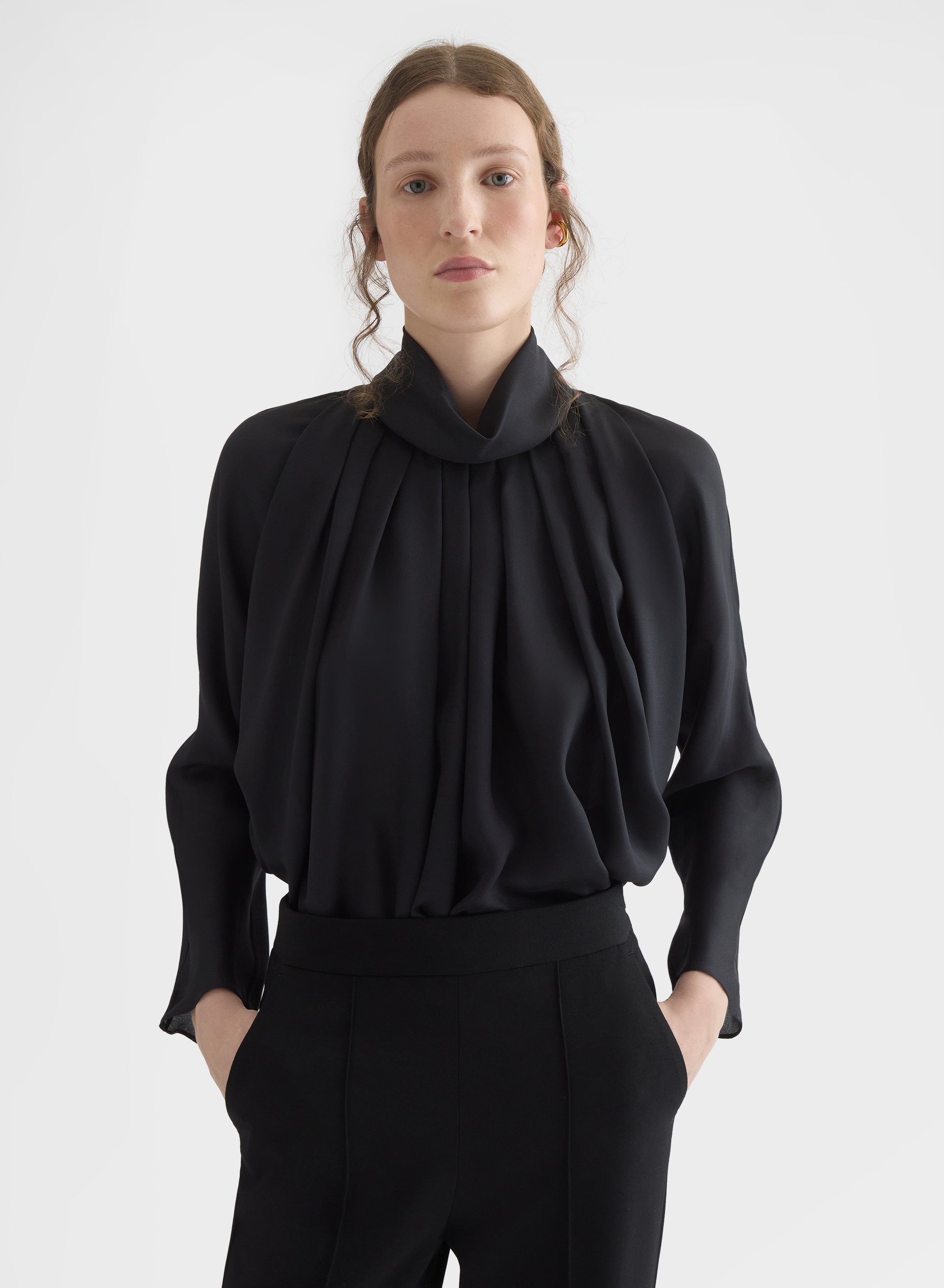 SILK BLEND SABLE HIGH NECK DRAPED BLOUSE BLACK