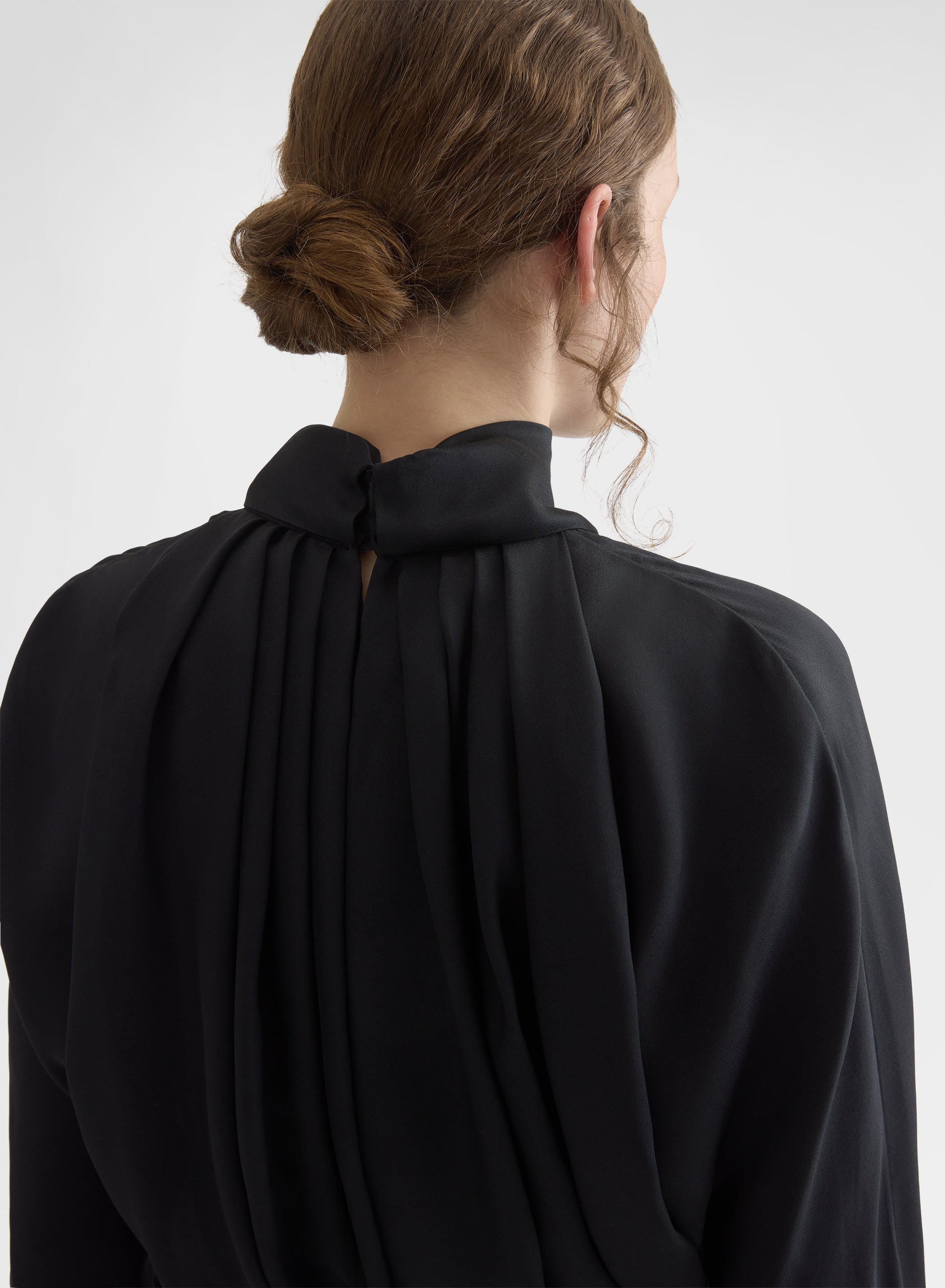 SILK BLEND SABLE HIGH NECK DRAPED BLOUSE BLACK